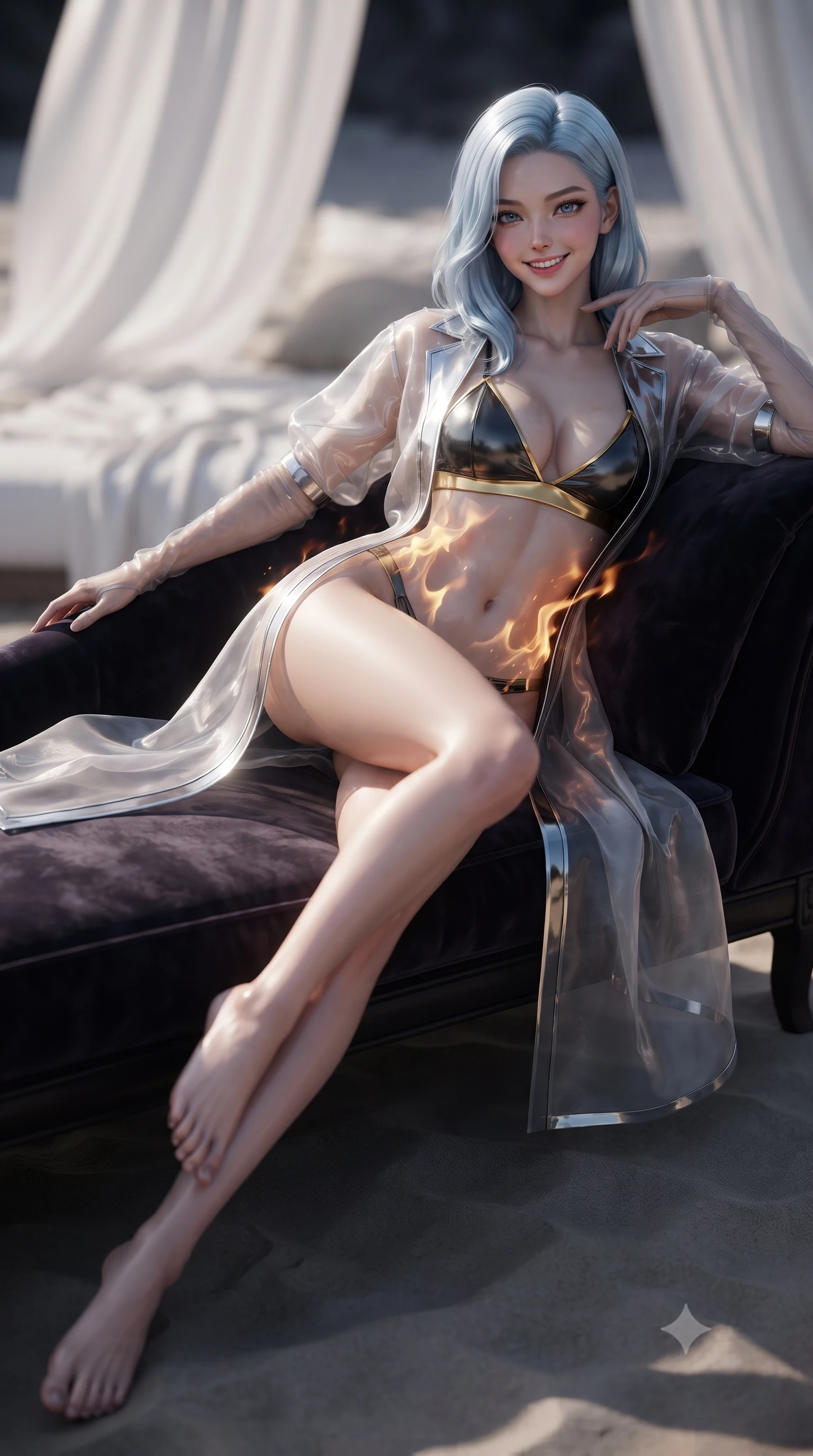 score_9, masterpiece, best quality, ultra-detailed, high-budget anime keyframe, editorial fashion photography, tasteful artistic composition, Korean woman. low angle full-body shot from head to toe showing her feet, filling the entire 9:16 vertical frame with her statuesque presence, stretching her vertical silhouette. reclining gracefully across the plush chaise lounge with one leg extended, her sculpted silhouette and flat midriff radiating magnetic nocturnal glamour while twisting her slender torso in an alluring contrapposto stance, dancing gas flame ribbons casting warm highlights across her flat midriff and hips. The background shows a soft-focus billowing white outdoor throws softened in ultra-luxury polar beach camp shallow focus. She has an exceptionally tall and slender model-like 8.5-heads proportion, an ultra-slim waist, a flat toned midriff, narrow delicate ribcage, and beautifully sculpted feminine hips creating a graceful, slim hourglass silhouette without any bulky heaviness, with impossibly long slender legs. sharp v-shaped jawline, high-bridge nose, intricate jewel-like sparkling eyes with depth, thick eyelashes, glossy parted lips with a natural peach sheen, bright cheerful beaming smile with an enchanting and coquettish sensual glint, exuding both youthful cute charm and seductive allure, flawlessly proportioned anatomical accuracy, strict slender model proportions, natural body alignment, perfectly sculpted long slender limbs, ultra-slim waistline, clean dynamic posture without body distortion. wearing a delicate sheer organza futuristic caftan with metallic chrome accents worn open over a micro liquid-metal bralette in Shanghai noir black and imperial 24k gold, tailored from ultra-plush silk velvet with rich tactile depth and deep shadow gradients, complemented by sheer opera-length evening gloves tracing her slender arms, the liquid-tight tailored fabric clinging flawlessly to her narrow waist and rounded feminine hips, emphasizing every millimeter of her sculpted slim hourglass curves without any bulky heaviness. illuminated by dark sand reflection bounce and sharp copper-gold rim lights sculpting her jawline, narrow waist, and curvy hips. ultra-reflective glossy finish, specular highlights, rich textural contrasts, high-contrast stereoscopic depth, volumetric dynamic lighting, 2k, ultra detail, master piece, 9:16 ratio