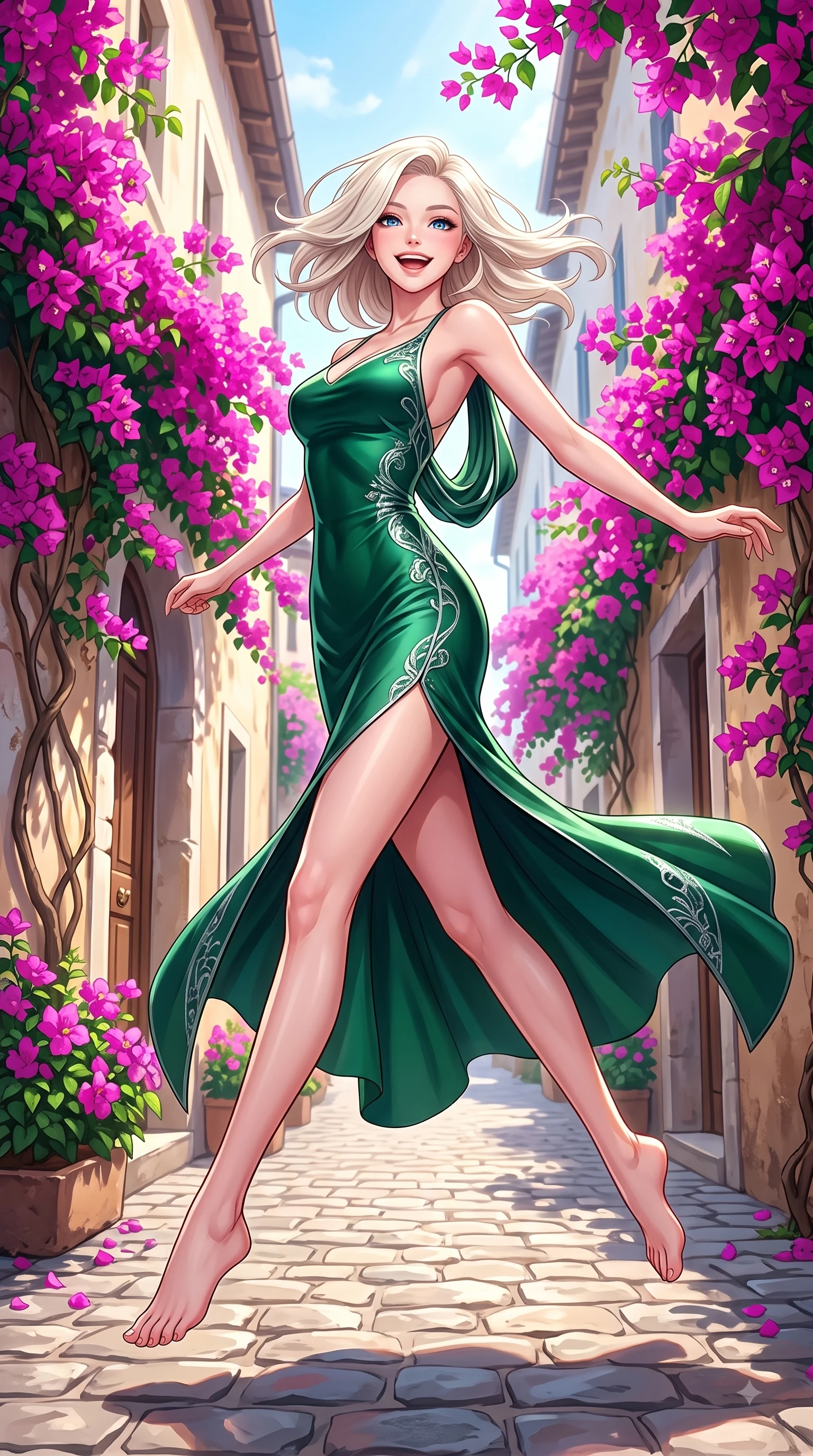 score_9, masterpiece, best quality, ultra-detailed, high-budget anime keyframe, editorial fashion photography, tasteful artistic composition, Caucasian woman. low angle full-body shot from head to toe showing her feet, filling the entire 9:16 vertical frame with her statuesque presence, stretching her vertical silhouette. leaping with pure joy through mid-air with a radiant bright smile, her impossibly long slender legs stretched in perfect balance while pivoting in a graceful resort stride down a sunlit cobblestone alley surrounded by bougainvillea, vivid magenta bougainvillea blossoms creating colorful framing around her smiling face. She has an absolutely perfect, statuesque 8.5-heads proportion, an exceptionally tall and slender model-like female figure with impossibly long slender legs and an ultra-slim waist. sharp v-shaped jawline, high-bridge nose, intricate jewel-like eyes with depth, thick eyelashes, glossy lips with a natural sheen, flawlessly proportioned anatomical accuracy, natural body alignment, perfectly sculpted elegant limbs, clean dynamic posture without body distortion. wearing a precision-fitted liquid jersey bodycon dress with a graceful draped back in deep emerald green and silver accent, crafted from lustrous satin jersey with fluid draping, finished with a sleek side slit ascending to mid-thigh, the form-contouring material highlighting her ultra-slim waist and long lines. surrounded by a clear, sun-drenched atmosphere with crisp cheerful highlights. highly saturated vibrant anime colors, detailed shading with soft gradients, rich glossy textures, high-contrast stereoscopic depth, volumetric dynamic lighting, master piece, 9:16 ratio