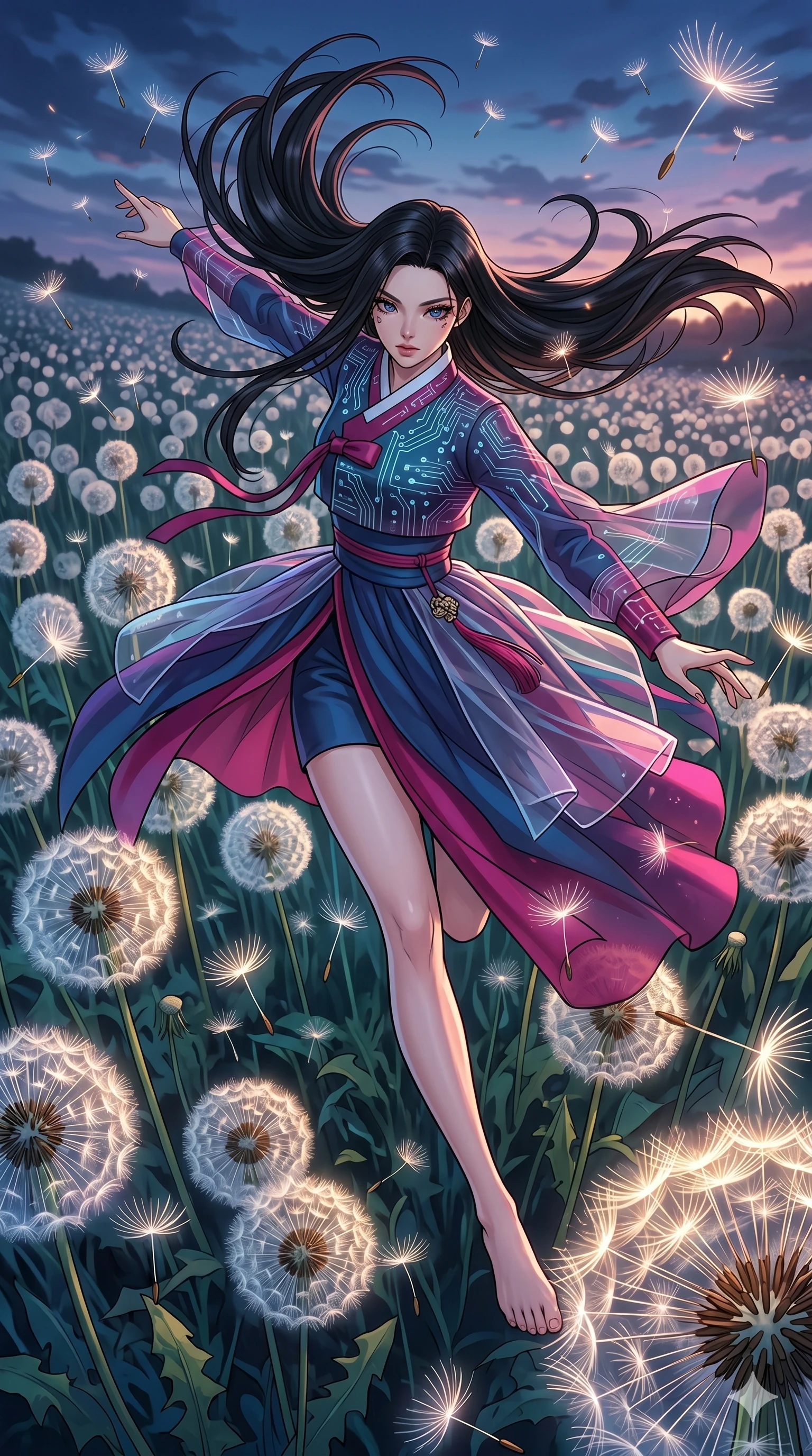 score_9, masterpiece, best quality, ultra-detailed, high-budget anime movie keyframe, cinematic anime lighting, intricate line art, Japanese woman. Extreme high angle shot as she leaps towards the camera, filling the frame. twisting through a field of giant dandelions, their seeds floating away. She has an absolutely perfect 8-heads proportion, an exceptionally tall and slender female figure with an ultra-slim waist and impossibly long slender legs. strictly human anatomy, two legs only, no extra limbs, clearly defined legs and arms, perfect anatomy, perfect hands and fingers. sharp v-shaped jawline, high-bridge nose, intricate jewel-like eyes, thick eyelashes, glossy lips. Wearing Modern Traditional: Shortened cyber-hanbok with fusion silk robes and transparent panels. The scene is illuminated by dramatic atmospheric lighting and vibrant color palettes. , 2k, ultra detail, master piece, 9:16 ratio