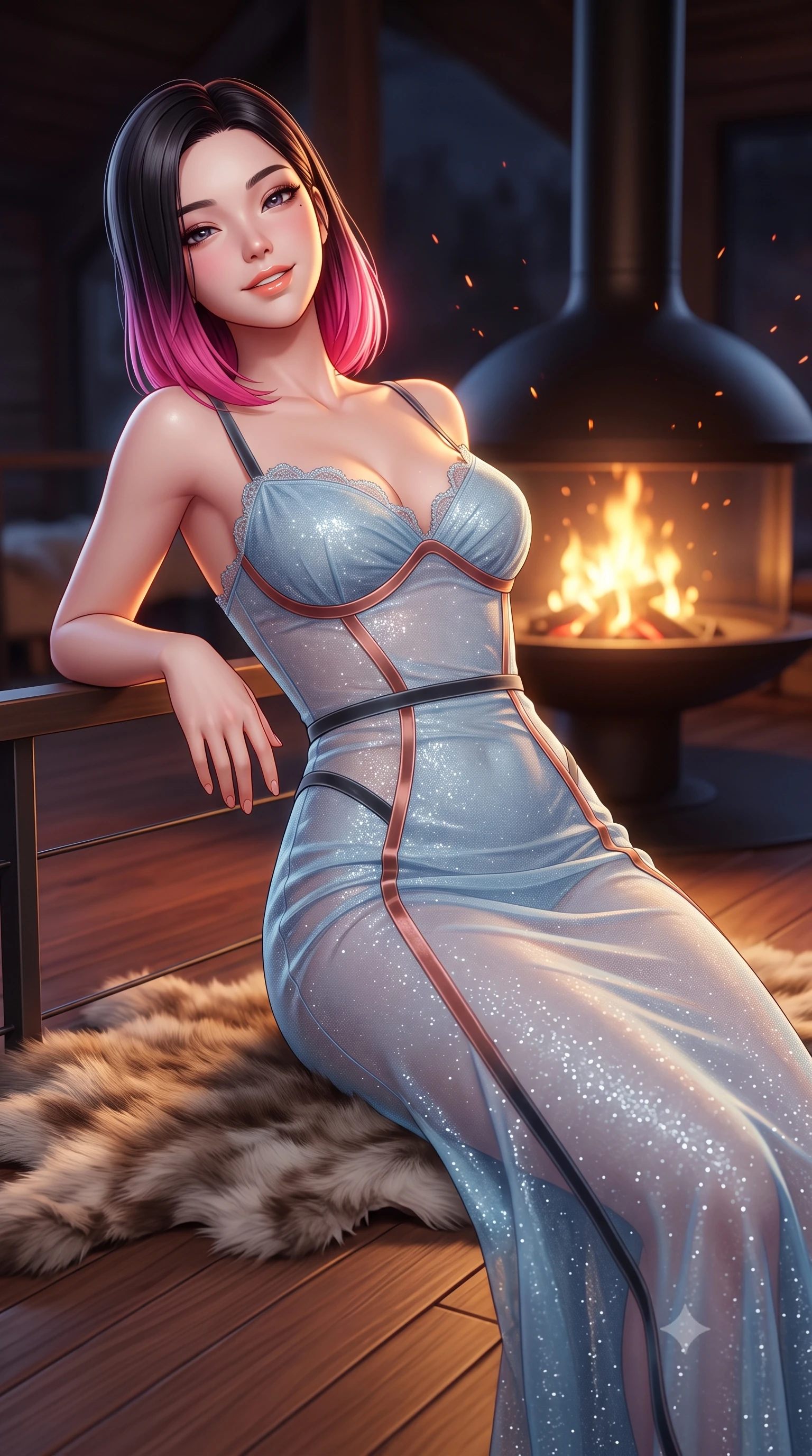 score_9, masterpiece, best quality, ultra-detailed, high-budget anime keyframe, semi-realistic 3D game render, editorial fashion photography, tasteful artistic composition, Korean woman. close-up cowboy shot from the waist and thighs up, the character dominates the composition, filling the frame with her large presence. leaning back against the balustrade with relaxed seductive grace, head tilted back slightly while casting a hypnotic, heavy-lidded gaze while twisting her slender torso in an alluring S-curve on the plush reindeer hide rug, dancing hearth embers highlighting her narrow waist. The background shows a soft-focus circular suspended steel fireplace flames softened in dramatic fjord sanctuary shallow focus. She has an exceptionally elegant, slender, and willowy female figure with an ultra-slim waist, flat toned midriff, narrow ribcage, and sculpted feminine hips creating an alluring, slim hourglass silhouette without bulk. sharp v-shaped jawline, high-bridge nose, intricate jewel-like sparkling eyes with depth, thick eyelashes, glossy parted lips with a natural peach sheen, bright cheerful beaming smile with an enchanting and coquettish sensual glint, exuding both youthful cute charm and seductive allure, flawlessly proportioned anatomical accuracy, strict slender model proportions, natural body alignment, perfectly sculpted long slender limbs, ultra-slim waistline, clean dynamic posture without body distortion. wearing a provocative semi-sheer icy blue tulle cocktail dress with velvet ribbon piping contouring her narrow waist and hips in sultry copper rose and deep shadow charcoal, woven from stretch metallic lurex jersey casting radiant starlight glints across her curves, finished with scalloped eyelash lace trim framing her sweetheart neckline with intimate elegance, the second-skin tailored fabric adhering flawlessly to her sculpted flat midriff and slender torso, emphasizing her long leg lines and perfectly proportioned willowy build. illuminated by teak floor bounce and sharp flame-gold rim lights defining her razor-sharp jawline, narrow waist, and curvy hips. highly saturated vibrant anime colors, detailed shading with soft gradients, rich glossy textures, high-contrast stereoscopic depth, volumetric dynamic lighting, master piece, 9:16 ratio