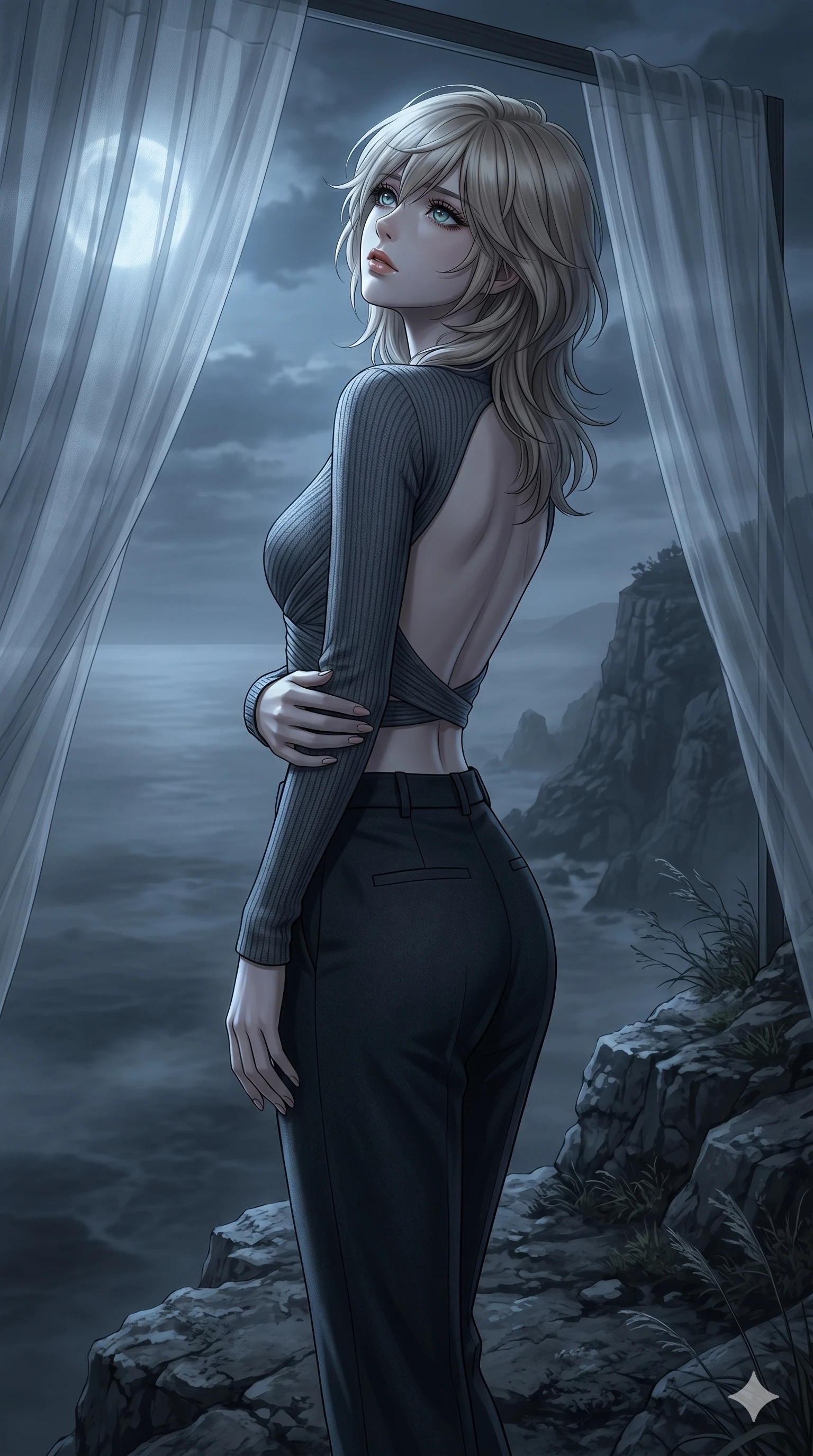 score_9, masterpiece, best quality, ultra-detailed, high-budget anime keyframe, editorial fashion photography, tasteful artistic composition, Japanese woman. cowboy shot from the thighs up, character and outfit filling the frame for maximum editorial presence. wrapping one arm around her waist, looking up with a sorrowful, longing gaze as if searching for something on a desolate cliffs edge overlooking a foggy, dark grey ocean at twilight (Scenario Code S-53). She has an absolutely perfect 8-heads proportion, an exceptionally tall and slender female figure with impossibly long slender legs and an ultra-slim waist. V-shaped jawline, high-bridge nose, intricate jewel-like eyes with depth, thick eyelashes, glossy lips with a natural sheen. wearing a micro-length knit wrap top with a scooped open back, exposing her back down to the spine. bathed in cold moonlight filtering through translucent curtains, creating soft shadows. 2k, ultra detail, master piece, 9:16 ratio