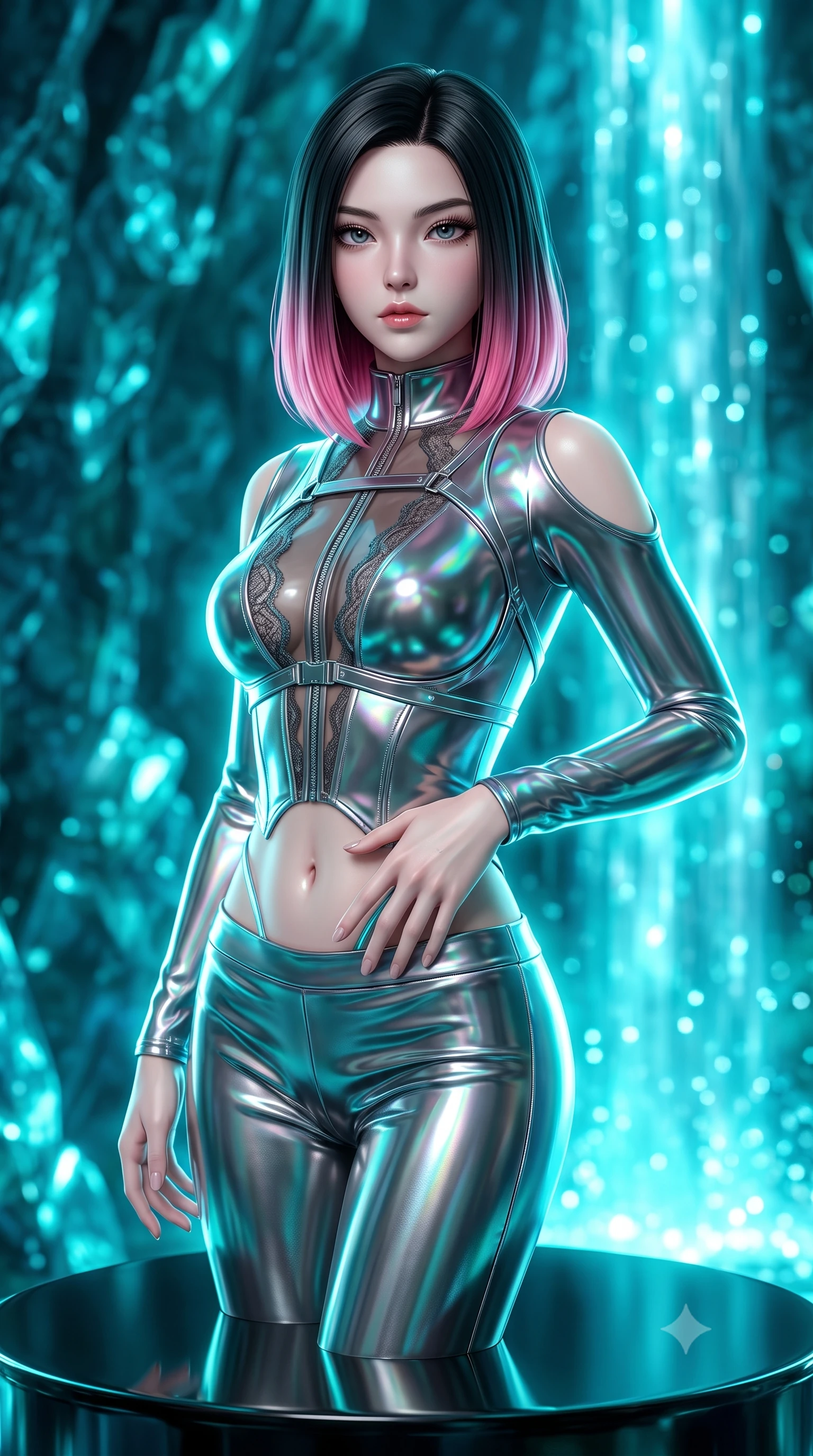 score_9, masterpiece, best quality, ultra-detailed, high-budget anime keyframe, semi-realistic 3D game render, editorial fashion photography, tasteful artistic composition, Korean woman. close-up cowboy shot from the waist and thighs up, the character dominates the composition, filling the frame with her large presence. twisting her upper body in a dynamic S-curve with an alluring smolder, one hand trailing along her slender waist while pivoting dynamically on a polished obsidian pedestal surrounded by glowing crystal stalactites. The composition keeps background elements in soft focus with creamy bokeh. cascading glowing waterfalls and crystalline cavern walls blurred into rich turquoise bokeh. She has an exceptionally elegant, slender, and willowy female figure with an ultra-slim waist, a gracefully sculpted slender torso, and a refined silhouette. sharp v-shaped jawline, high-bridge nose, intricate jewel-like eyes with depth, thick eyelashes, glossy lips with a natural sheen, flawlessly proportioned anatomical accuracy, natural body alignment, perfectly sculpted elegant limbs, clean dynamic posture without body distortion. wearing a form-fitting top made of molten liquid-mercury fabric that clings to her curves, with strategic tear-drop shoulder cutouts and a dangerously unzipped front collar in translucent smoky quartz and iridescent holographic sheen, crafted from delicate dark lace interwoven with luminescent micro-fibers, reinforced by a sleek metallic chrome harness and delicate glowing micro-straps, the daring cutouts accentuating her delicate midriff, graceful collarbones, and feminine contour. bathed in intense cyan and turquoise bioluminescent glow and glittering water refractions. highly saturated vibrant anime colors, detailed shading with soft gradients, rich glossy textures, high-contrast stereoscopic depth, volumetric dynamic lighting, master piece, 9:16 ratio