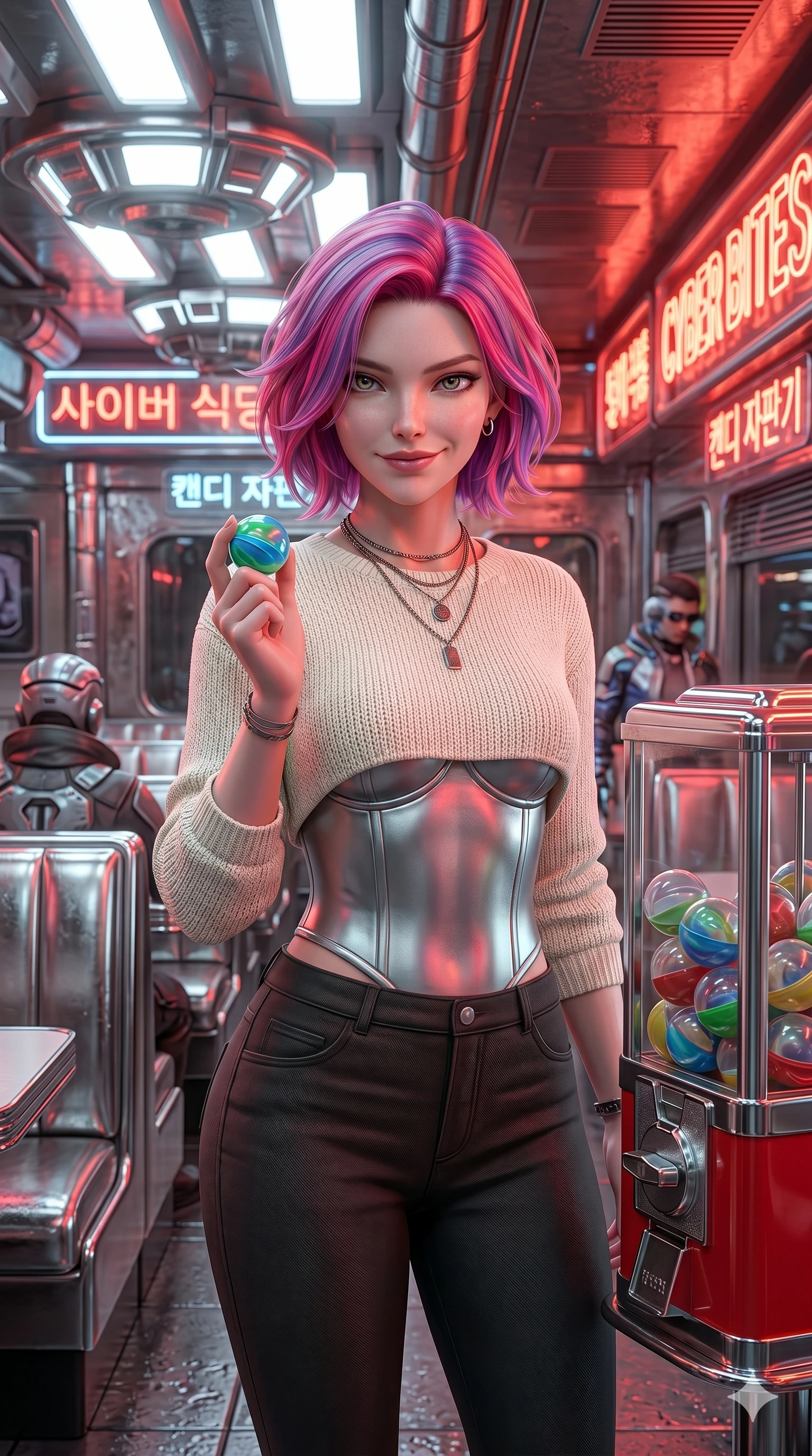 score_9, masterpiece, best quality, ultra-detailed, high-budget anime keyframe, semi-realistic 3D game render, Caucasian woman, strictly human ears. Upper body close-up from the thighs up, character filling the screen for maximum presence. Standing next to a retro candy dispenser in a cyber-diner, holding a colorful capsule, looking at the camera with a playful grin. She is wearing a casual cropped knit sweater, silver bodice, and dark trousers. The scene is lit by the bright white diner lights and red neon sign glow. 2k, ultra detail, master piece, 9:16 ratio