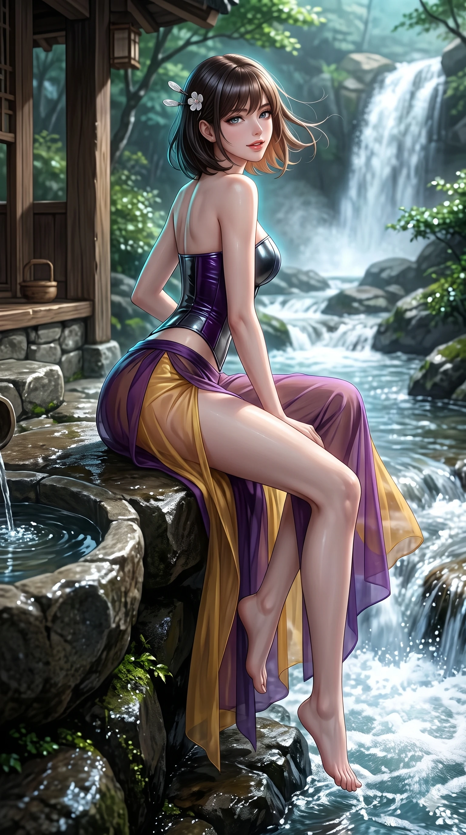 score_9, masterpiece, best quality, ultra-detailed, high-budget anime keyframe, semi-realistic 3D game render, editorial fashion photography, tasteful artistic composition, Caucasian woman. low angle full-body shot from head to toe showing her feet, filling the entire 9:16 vertical frame with her statuesque presence, stretching her vertical silhouette. executing a slow, graceful pivot turn as her silk wrap skirt sways around her slender legs, glancing back with an enchanting, teasing sensual expression while perched sideways on the natural rock ledge beside the stone water basin, legs dangling gracefully toward the bubbling mountain stream. The surrounding environment is rendered in vivid detail and crisp panoramic clarity: detailed wet-look vinyl bustier tailoring, sheer wrap trousers, and mountain teahouse craft in razor-sharp precision. She has an absolutely perfect, statuesque 8.5-heads proportion, an exceptionally tall and slender model-like female figure with impossibly long slender legs, an ultra-slim waist, a flat toned midriff, narrow delicate ribcage, and beautifully sculpted feminine hips creating a graceful, slim hourglass silhouette without any bulky heaviness. sharp v-shaped jawline, high-bridge nose, sparkling eyes with hypnotic seductive depth, thick curled eyelashes, glossy parted lips with a natural dewy peach sheen, alluring bedroom-eyes with an enchanting coquettish smile, exuding magnetic siren charisma and sophisticated glamour, flawlessly proportioned anatomical accuracy, strict slender model proportions, natural body alignment, perfectly sculpted long slender limbs, ultra-slim waistline, clean dynamic posture without body distortion. wearing a strapless wet-look vinyl bustier paired with sheer chiffon high-slit wrap trousers revealing her long slender legs in imperial gold and royal plum purple, made of liquid dark mercury jersey with seamless sculpting hold and fluid drape, finished with delicate mother-of-pearl hairpin ornaments glinting in her dark glossy hair, the high-slit wrap tailoring accentuating her ultra-slim waistline and the enchanting curve of her feminine hips with alluring seductive charm. illuminated by waterfall foam bounce and sharp cyan-aquamarine rim lights sculpting her razor-sharp jawline, narrow waist, and curvy hips. highly saturated vibrant anime colors, detailed shading with soft gradients, rich glossy textures, high-contrast stereoscopic depth, volumetric dynamic lighting, master piece, 9:16 ratio