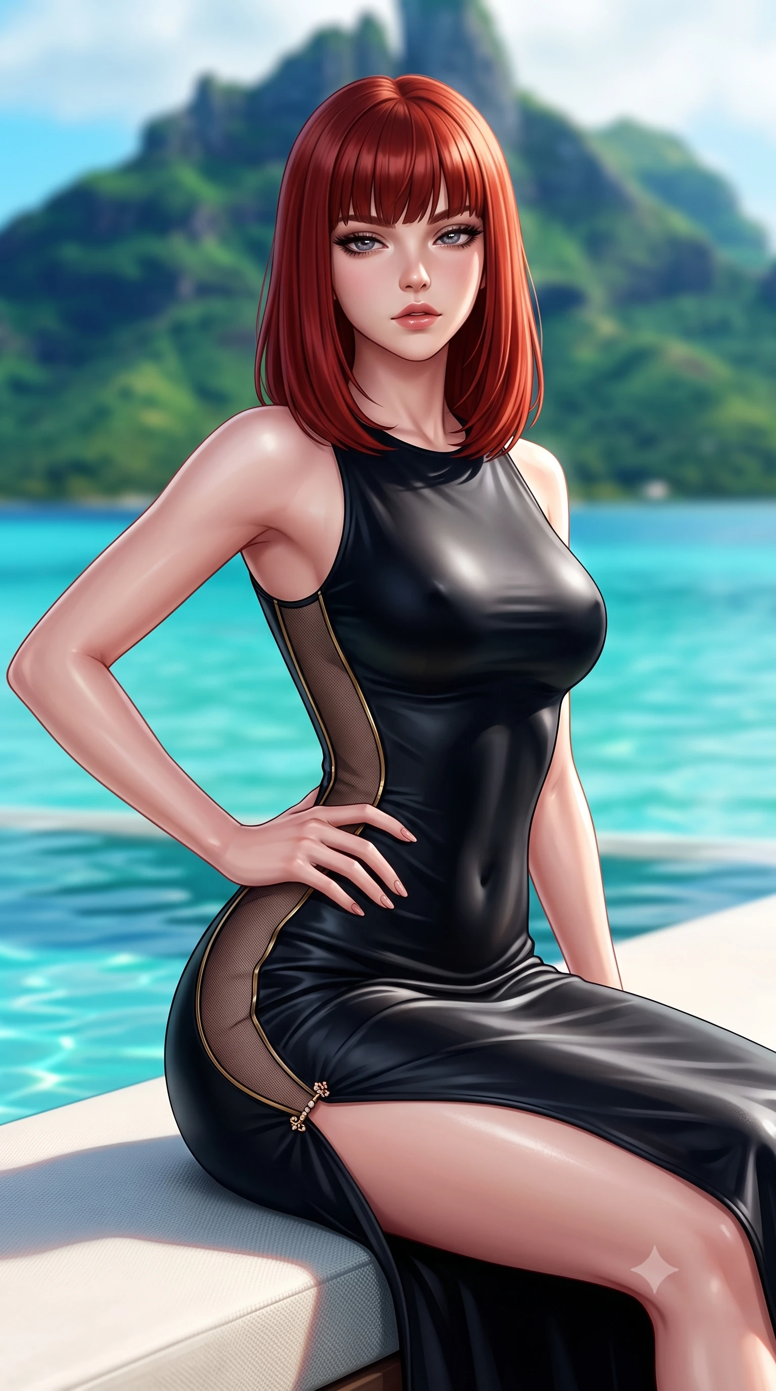 score_9, masterpiece, best quality, ultra-detailed, high-budget anime keyframe, semi-realistic 3D game render, editorial fashion photography, tasteful artistic composition, Caucasian woman. close-up cowboy shot from the waist and thighs up, the character dominates the composition, filling the frame with her large presence. tilting her chin up with proud, sovereign allure while gazing through thick eyelashes, one hand resting on her waist in pure supermodel charisma while sitting on the edge of a sunken overwater lounge, arching her lower back as emerald Mount Otemanu towers across the crystal turquoise lagoon. The composition keeps background elements in soft focus with creamy bokeh. dramatic volcanic jagged spires of Mount Otemanu and multi-hued turquoise lagoon waters blurred into aquamarine, jade, and golden bokeh. She has an exceptionally elegant, slender, and willowy female figure with an ultra-slim waist, flat toned midriff, narrow ribcage, and sculpted feminine hips creating an alluring, slim hourglass silhouette without bulk. sharp v-shaped jawline, high-bridge nose, intricate jewel-like eyes with depth, thick eyelashes, glossy parted lips with a natural sheen, intensely captivating and seductive bedroom-eyes expression, flawlessly proportioned anatomical accuracy, strict slender model proportions, natural body alignment, perfectly sculpted long slender limbs, ultra-slim waistline, clean dynamic posture without body distortion. wearing a second-skin black silk jersey maxi dress with asymmetrical sheer mesh side panels tracing the full curve of her hip in midnight obsidian black and liquid gold, formed from supple second-skin lambskin leather with specular sheen, finished with an ultra-high side slit secured by miniature jeweled clasps, the second-skin form-contouring cut accentuating her sculpted flat midriff, narrow delicate ribcage, and gracefully curvy hips with supermodel precision. illuminated by intense specular sea reflections sharply carving her razor-sharp jawline, narrow waist, and curvy hips. highly saturated vibrant anime colors, detailed shading with soft gradients, rich glossy textures, high-contrast stereoscopic depth, volumetric dynamic lighting, master piece, 9:16 ratio