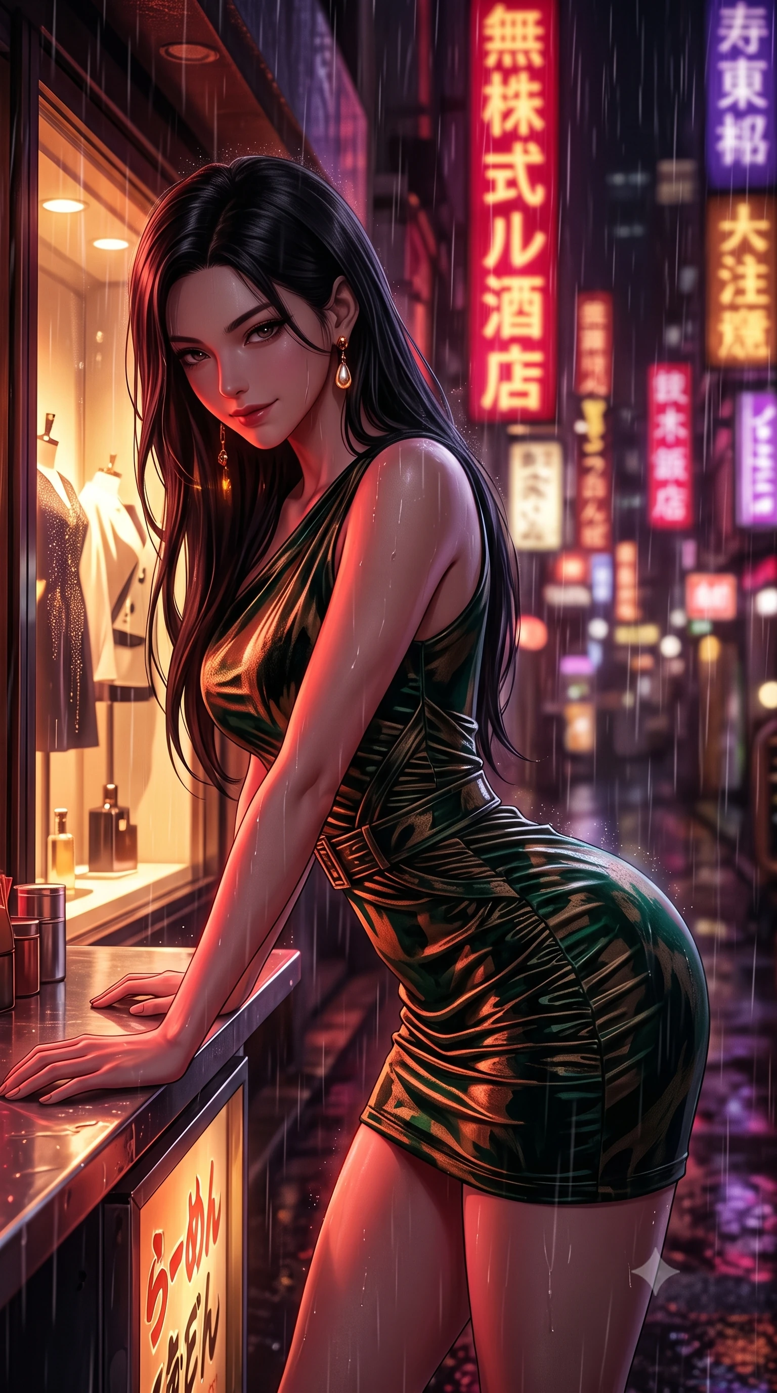 score_9, masterpiece, best quality, ultra-detailed, high-budget anime keyframe, semi-realistic 3D game render, editorial fashion photography, tasteful artistic composition, Korean woman. close-up cowboy shot from the waist and thighs up, the character dominates the composition, filling the frame with her large presence. leaning forward over the counter while arching her lower back to accentuate her curvy hips, looking into the lens with a dangerous smoldering half-smile and bedroom-eyes while pausing beside an illuminated luxury boutique window with hips cocked back, glancing back with an enchanting, dangerous smile through falling rain. The composition keeps background elements in soft focus with dreamy creamy bokeh. vertical kanji neon signs in deep crimson, gold, and royal purple blurred into dazzling saturated reflections and dreamy rain bokeh. She has an exceptionally elegant, slender, and willowy female figure with an ultra-slim waist, flat toned midriff, narrow ribcage, and sculpted feminine hips creating an alluring, slim hourglass silhouette without bulk. sharp v-shaped jawline, high-bridge nose, intricate jewel-like dark sparkling eyes with dangerous depth, thick curled eyelashes, glossy parted lips with a rich wine sheen, smoldering seductive half-smile with bedroom-eyes, exuding effortless superiority and intoxicating dark allure, flawlessly proportioned anatomical accuracy, strict slender model proportions, natural body alignment, perfectly sculpted long slender limbs, ultra-slim waistline, clean dynamic posture without body distortion. wearing a liquid-look vinyl mini dress with an asymmetric neckline and hip-defining side ruching in dark emerald green and brushed antique bronze, tailored from crushed dark velvet with deep light-absorbing plush texture, accented with a single dangling baroque pearl earring reflecting the amber glow, the liquid-tight tailored fabric clinging flawlessly to her narrow waist and rounded feminine hips, emphasizing every millimeter of her sculpted slim hourglass curves without any bulky heaviness. bathed in intense saturated crimson and warm gold neon underlights contrasting with dark rain-soaked shadow tones. highly saturated vibrant anime colors, detailed shading with soft gradients, rich glossy textures, high-contrast stereoscopic depth, volumetric dynamic lighting, master piece, 9:16 ratio