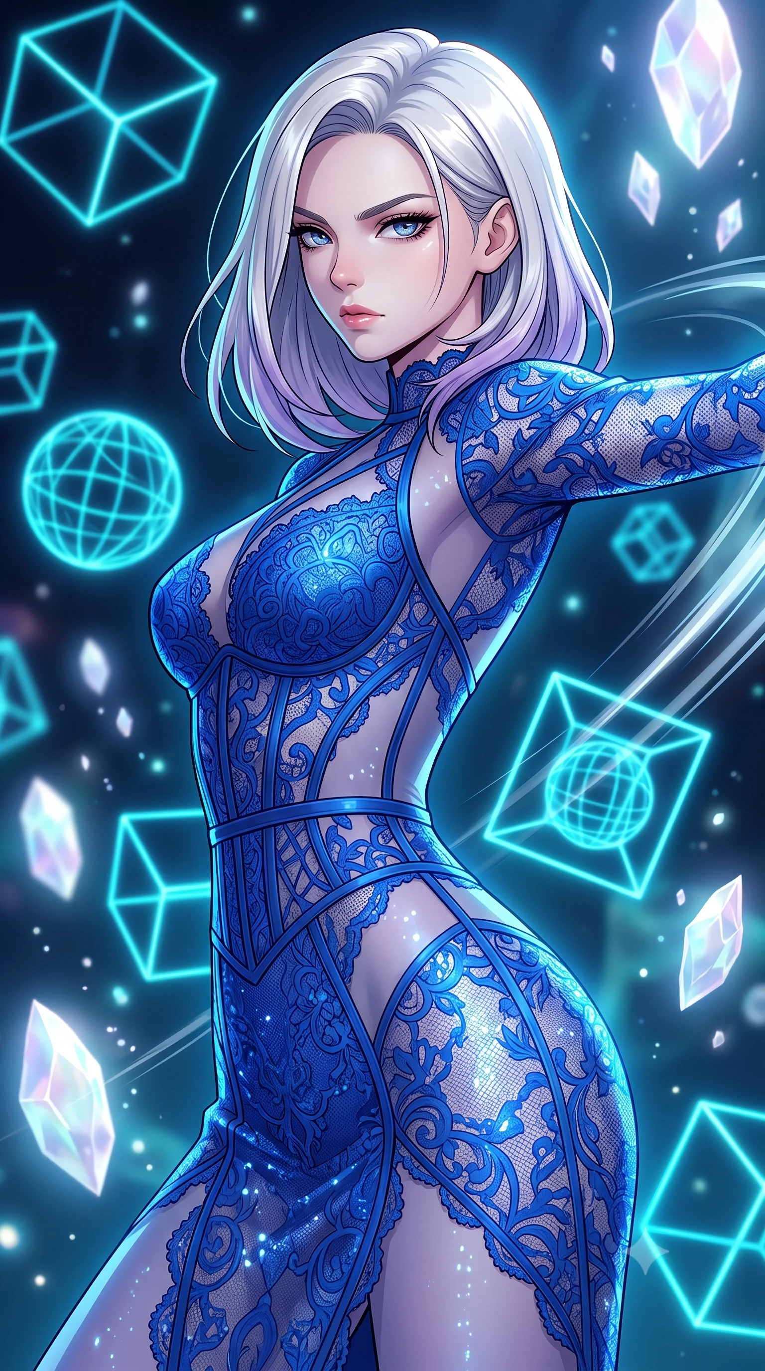 score_9, masterpiece, best quality, ultra-detailed, high-budget anime keyframe, clean line-art, cel-shading, Caucasian woman, strictly human ears. close-up cowboy shot from the waist and thighs up, the character dominates the composition, filling the frame with her large presence, background elements kept in soft focus. Leaning back to dodge a fast strike with fluid grace, casting a cold side-glare. set against a soft-focus background of a dark dimension defined by glowing cyan wireframe cubes and spheres that float and align geometrically. She has an exceptionally elegant and slender, willowy female figure with an ultra-slim waist, a gracefully sculpted slender torso, and a refined slim physique. sharp v-shaped jawline, high-bridge nose, intricate jewel-like eyes with depth, thick eyelashes, glossy lips with a natural sheen. wearing catching and diffusing the glowing particles, shimmering softly in response to the surrounding light, a tailored lace cage dress in cobalt blue, with a detailed corset waist and sheer panels that highlight her slender torso. ethereal pearlescent light emanating from floating crystalline formations all around. highly saturated vibrant anime colors, intense vivid color palette, volumetric dynamic lighting, 2k, ultra detail, master piece, 9:16 ratio