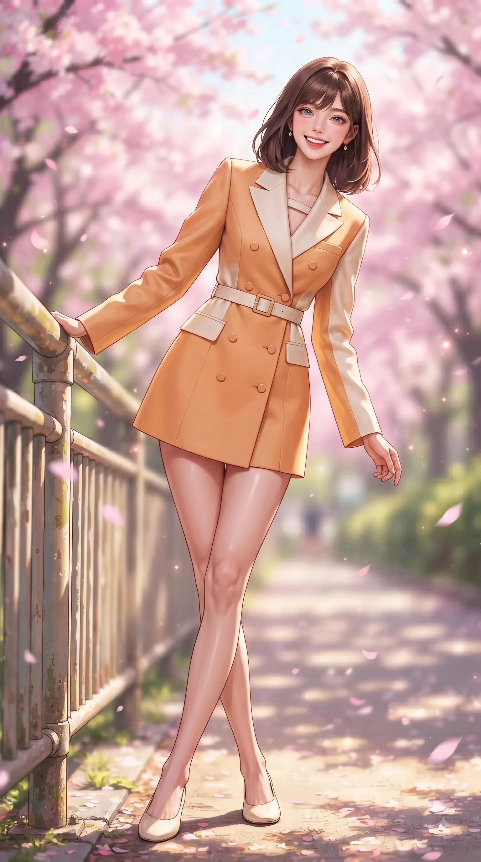 score_9, masterpiece, best quality, ultra-detailed, high-budget anime keyframe, editorial fashion photography, tasteful artistic composition, Korean woman. low angle full-body shot from head to toe showing her feet, filling the entire 9:16 vertical frame with her statuesque presence, stretching her vertical silhouette. performing a cheerful mid-motion turn with flawless poise, her radiant smile capturing fresh girlhood energy while leaning gracefully against a sunlit park railing framed by vibrant pink flower canopies. The composition keeps background elements in soft focus with dreamy bokeh. fluttering sakura petals and sunlit park paths softened in romantic background blur. She has an absolutely perfect, statuesque 8.5-heads proportion, an exceptionally tall and slender model-like female figure with impossibly long slender legs and an ultra-slim waist. sharp v-shaped jawline, high-bridge nose, intricate jewel-like eyes with depth, thick eyelashes, glossy lips with a natural sheen, flawlessly proportioned anatomical accuracy, natural body alignment, perfectly sculpted elegant limbs, clean dynamic posture without body distortion. wearing a tailored double-breasted blazer dress with a sleek waist belt and clean lines in warm apricot orange and cream white, knitted from soft cozy cashmere yarn, accented with a Tasteful chest slit framing her clavicle gracefully, the sleek second-skin texture accentuating her magnetic presence. surrounded by a fresh, sweet, and nostalgic spring park atmosphere. ultra-reflective glossy finish, specular highlights, metallic sheen, high-contrast stereoscopic depth, volumetric dynamic lighting, 2k, ultra detail, master piece, 9:16 ratio