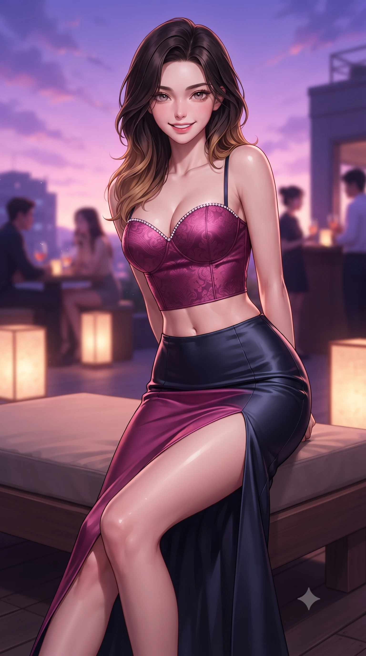 score_9, masterpiece, best quality, ultra-detailed, high-budget anime keyframe, editorial fashion photography, tasteful artistic composition, Korean woman. close-up cowboy shot from the waist and thighs up, the character dominates the composition, filling the frame with her large presence. resting both hands lightly behind her back while leaning toward the lens with a cheerful, teasing grin, her form-fitting fusion dress hugging her narrow waist and hip curve while lounging on an outdoor low wooden daybed propped on one elbow with one knee bent, her flat midriff and hourglass curves radiant in twilight glow. The background shows a soft-focus glowing hanji paper floor lanterns and chic rooftop cocktail patrons softened in trendy Seoul shallow focus. She has an exceptionally elegant, slender, and willowy female figure with an ultra-slim waist, flat toned midriff, narrow ribcage, and sculpted feminine hips creating an alluring, slim hourglass silhouette without bulk. sharp v-shaped jawline, high-bridge nose, intricate jewel-like dark sparkling almond eyes with depth, thick lashes, glossy parted lips with a natural rose-plum sheen, bright alluring and coquettish smile with bedroom-eyes, exuding both timeless oriental elegance and sovereign high-fashion allure, flawlessly proportioned anatomical accuracy, strict slender model proportions, natural body alignment, perfectly sculpted long slender limbs, ultra-slim waistline, clean dynamic posture without body distortion. wearing a sweetheart-neckline oriental jacquard bustier top paired with a curve-hugging high-slit mermaid maxi skirt in deep lotus magenta and matte midnight navy, crafted from heavy fluid silk satin with a liquid mirror-like sheen, finished with subtle crystal rhinestones tracing the elegant neckline, the glove-like silhouette tightly following the natural contour of her hips and long slender legs with youthful 8.5-heads elegance. bathed in glowing violet and rose-gold twilight sky radiance contrasting with warm rooftop lanterns. ultra-reflective glossy finish, specular highlights, rich textural contrasts, high-contrast stereoscopic depth, volumetric dynamic lighting, 2k, ultra detail, master piece, 9:16 ratio