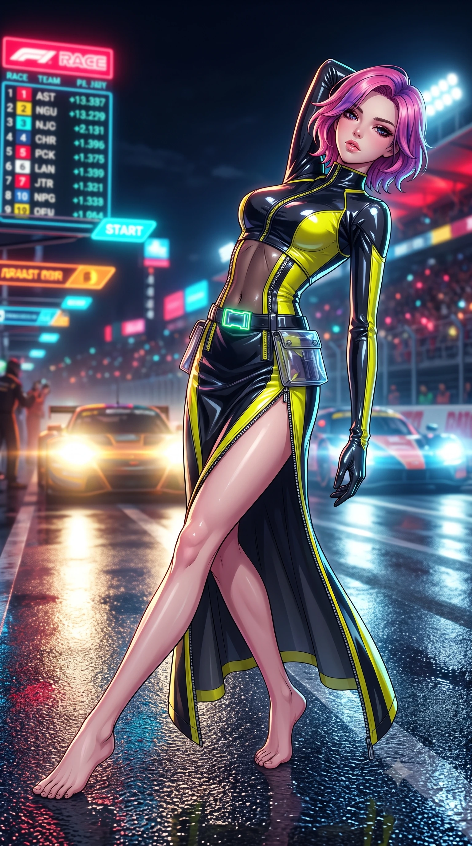 score_9, masterpiece, best quality, ultra-detailed, high-budget anime keyframe, semi-realistic 3D game render, editorial fashion photography, tasteful artistic composition, Caucasian woman. low angle full-body shot from head to toe showing her feet, filling the entire 9:16 vertical frame with her statuesque presence, stretching her vertical silhouette. reclining back languidly with one knee bent and spine arched in a breathtaking dancer line, commanding the entire 9:16 vertical frame while striding dynamically along the wet pitlane pavement as incoming headlights cast long, cinematic specular reflections. The composition keeps background elements in soft focus with creamy bokeh. flashing neon pitlane status boards and distant crowd stadium lights blurred into blazing crimson, electric cyan, and amber bokeh. She has an absolutely perfect, statuesque 8.5-heads proportion, an exceptionally tall and slender model-like female figure with impossibly long slender legs, a toned flat midriff, and an ultra-slim waist. sharp v-shaped jawline, high-bridge nose, intricate jewel-like eyes with depth, thick eyelashes, glossy parted lips with a natural sheen, intensely captivating and seductive expression, flawlessly proportioned anatomical accuracy, strict slender model proportions, natural body alignment, perfectly sculpted long slender limbs, ultra-slim waistline, clean dynamic posture without body distortion. wearing a form-contouring vinyl track dress with diagonal zipper detailing and an ultra-high side slit in high-gloss asphalt black and hazard neon yellow, made of durable ripstop technical nylon with metallic zipper teeth, complemented by a neon LED belt buckle and translucent vinyl tool pouch, the glove-like aerodynamic second-skin fit tightly clinging to her ultra-slender waist and athletic curves without adding bulk, accentuating her razor-sharp statuesque lines and slim hourglass silhouette. illuminated by wet specular asphalt bounce lights sculpting her toned midriff, slender waist, and long legs. highly saturated vibrant anime colors, detailed shading with soft gradients, rich glossy textures, high-contrast stereoscopic depth, volumetric dynamic lighting, master piece, 9:16 ratio