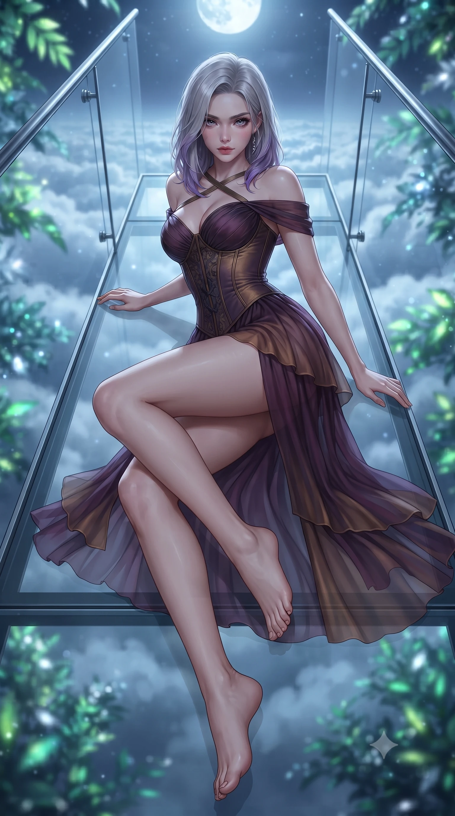 score_9, masterpiece, best quality, ultra-detailed, high-budget anime keyframe, editorial fashion photography, tasteful artistic composition, Caucasian woman. low angle full-body shot from head to toe showing her feet, filling the entire 9:16 vertical frame with her statuesque presence, stretching her vertical silhouette. reclining on her side in an elegant Cleopatra pose with one knee drawn up, the dramatic contour of her rounded hips and long slender legs commanding the 9:16 vertical frame while standing poised on a suspended glass walkway within the high-altitude cloud dome, twisting her torso in an alluring S-curve in the mist. The composition keeps background elements in soft focus with creamy bokeh. drifting cloud sea blankets and glowing botanical bio-mesh leaves blurred into electric lime, emerald, and moonlight-silver bokeh. She has an exceptionally tall and slender model-like 8.5-heads proportion, an ultra-slim waist, a flat toned midriff, narrow delicate ribcage, and beautifully sculpted feminine hips creating a graceful, slim hourglass silhouette without any bulky heaviness, with impossibly long slender legs. sharp v-shaped jawline, high-bridge nose, intricate jewel-like eyes with depth, thick eyelashes, glossy parted lips with a natural sheen, intensely captivating and seductive bedroom-eyes expression, flawlessly proportioned anatomical accuracy, strict slender model proportions, natural body alignment, perfectly sculpted long slender limbs, ultra-slim waistline, clean dynamic posture without body distortion. wearing an off-shoulder French court corset bodice dress paired with a tiered translucent chiffon slit skirt in deep plum violet and antique bronze, tailored from water-resistant treated wool gabardine and flexible stretch silk, finished with criss-cross back satin straps highlighting her graceful shoulder blades, the second-skin form-contouring cut accentuating her sculpted flat midriff, narrow delicate ribcage, and gracefully curvy hips with supermodel precision. bathed in cool silver full-moon light streaming from above and soft emerald bio-luminescent foliage fill. ultra-reflective glossy finish, specular highlights, rich textural contrasts, high-contrast stereoscopic depth, volumetric dynamic lighting, 2k, ultra detail, master piece, 9:16 ratio