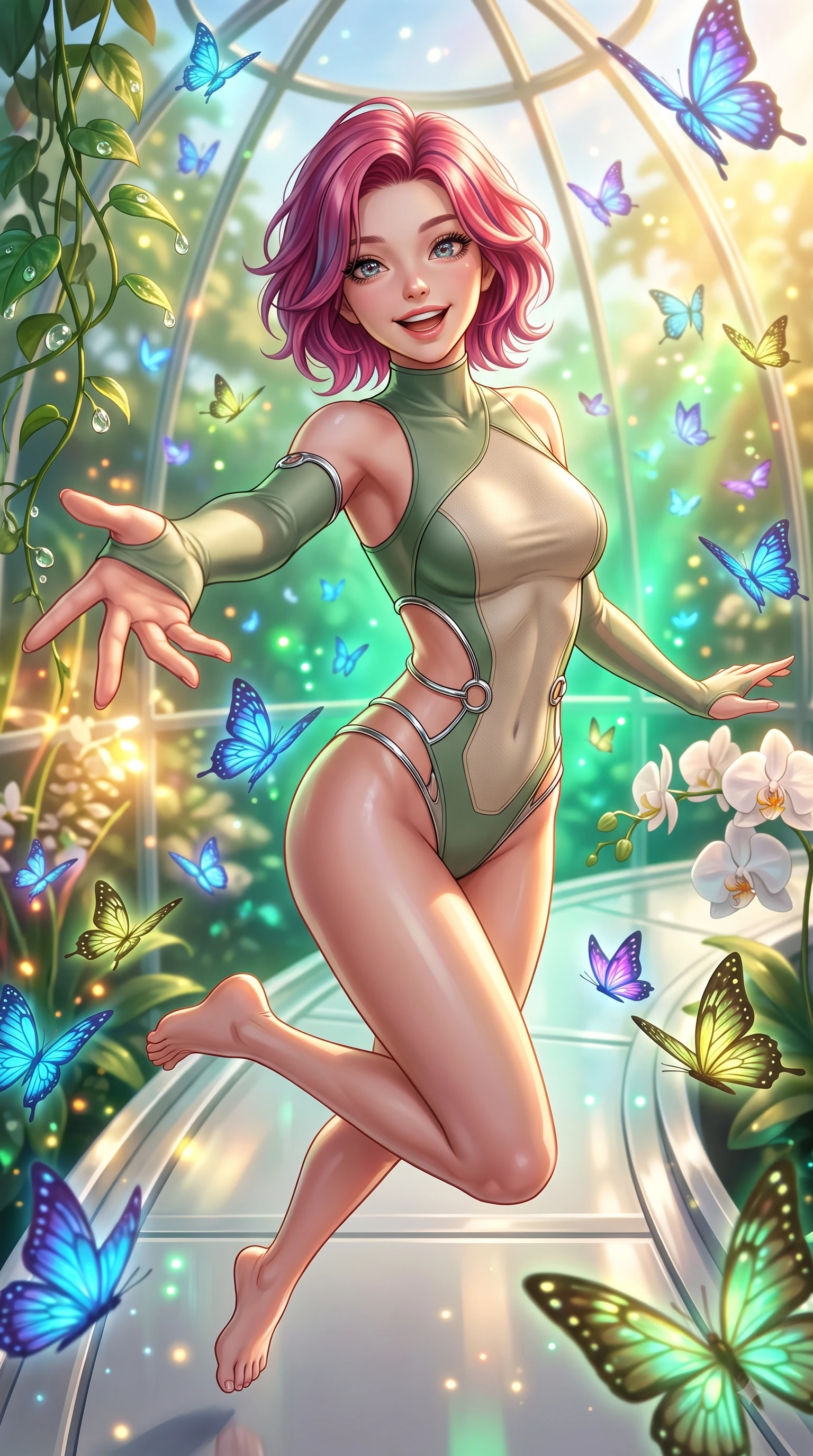 score_9, masterpiece, best quality, ultra-detailed, high-budget anime keyframe, editorial fashion photography, tasteful artistic composition, Caucasian woman. close-up cowboy shot from the waist and thighs up, the character dominates the composition, filling the frame with her large presence, background elements kept in soft focus. Enchanting happy smile, her eyes twinkling like jewels in the bright sunlight as one arm reaches out playfully while leaping playfully across a platinum walkway in a sunlit glass dome filled with glowing butterflies, dewdrops on lush green vines and white orchids reflecting radiant gold and emerald. She has an exceptionally elegant, slender, and willowy female figure with an ultra-slim waist, a gracefully sculpted slender torso, and a refined silhouette. sharp v-shaped jawline, high-bridge nose, intricate jewel-like eyes with depth, thick eyelashes, glossy lips with a natural sheen, flawlessly proportioned anatomical accuracy, natural body alignment, perfectly sculpted elegant limbs, clean dynamic posture without body distortion. wearing an asymmetrical high-cut tech-bodysuit with detached sleeves in sage green and oatmeal, formed from sleek second-skin neoprene, accented with delicate chrome ring hardware framing her waist, the glove-like fit emphasizing her statuesque silhouette during motion. bathed in warm golden sunlight and bright emerald bioluminescent glow. highly saturated vibrant anime colors, detailed shading with soft gradients, rich glossy textures, high-contrast stereoscopic depth, volumetric dynamic lighting, master piece, 9:16 ratio