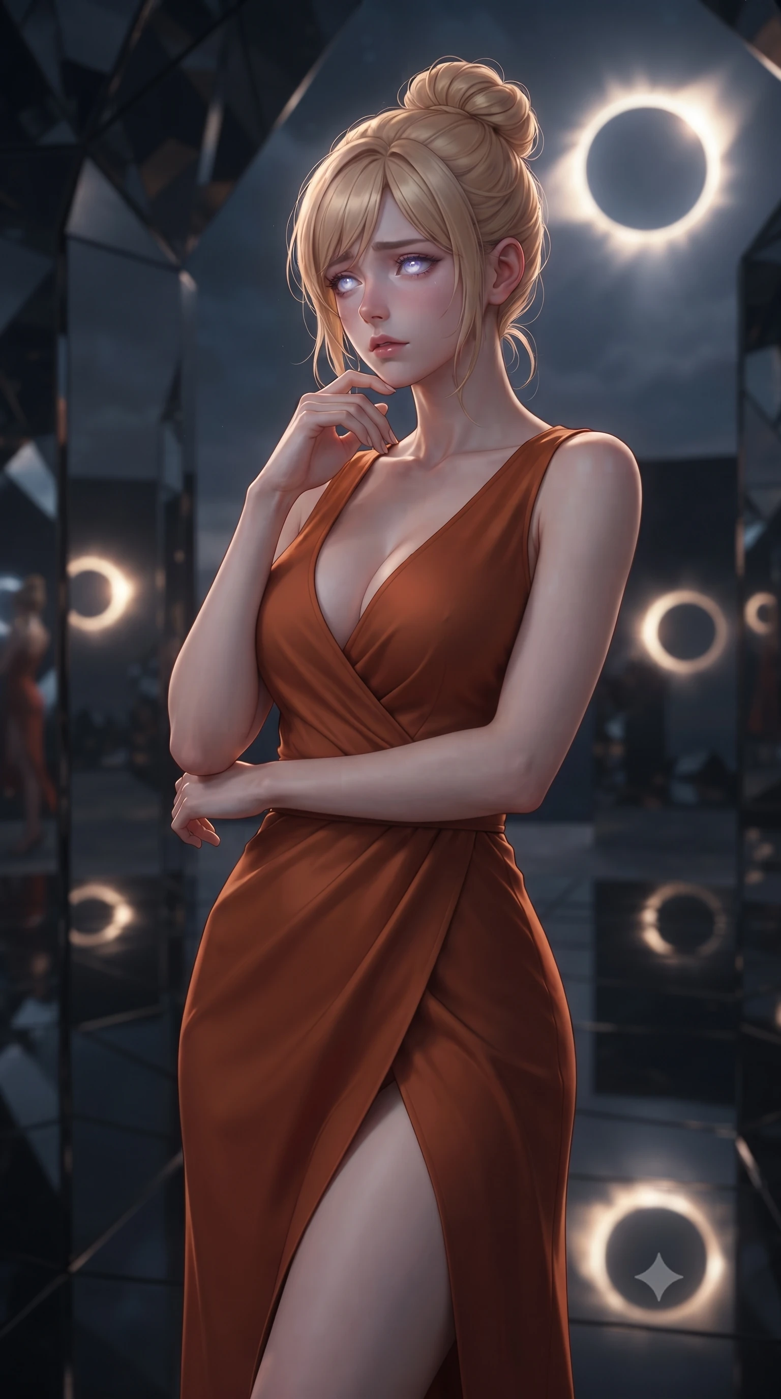 score_9, masterpiece, best quality, ultra-detailed, high-budget anime keyframe, editorial fashion photography, tasteful artistic composition, Caucasian woman, strictly human ears. close-up cowboy shot from the waist and thighs up, the character dominates the composition, filling the frame with her large presence, background elements kept in soft focus. Gazing into the distance with a wistful melancholic expression and softly glowing eyes. set against a soft-focus background of an ancient obsidian mirror temple during a total solar eclipse with the sun's corona forming a ring of sacred fire in the darkened sky every polished obsidian surface reflecting the eclipsed sun in duplicate. She has an exceptionally elegant and slender, willowy female figure with an ultra-slim waist, a gracefully sculpted slender torso, and a refined slim physique. sharp v-shaped jawline, high-bridge nose, intricate jewel-like eyes with depth, thick eyelashes, glossy lips with a natural sheen. wearing an asymmetric wrap-front dress in burnt orange, featuring a deep neckline and a thigh slit. the eerie twilight of totality with the solar corona providing a ring of bright white-gold light in the dark sky and obsidian surfaces reflecting this ghostly corona light. 2k, ultra detail, master piece, 9:16 ratio