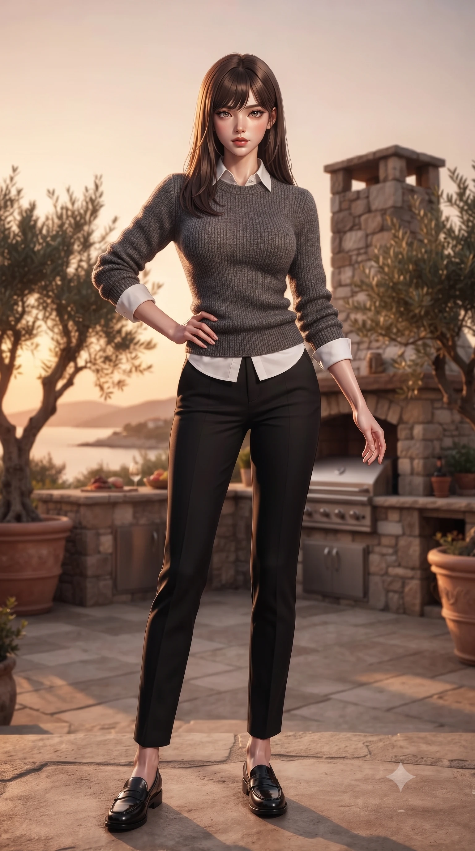score_9, masterpiece, best quality, ultra-detailed, high-budget anime keyframe, editorial fashion photography, tasteful artistic composition, Korean woman woman. low angle full-body shot from head to toe showing her feet, filling the entire 9:16 vertical frame with her statuesque presence, stretching her vertical silhouette. posing confidently with one hand on her hip, stretching her statuesque body to emphasize her curves the background shows a soft-focus an outdoor stone grill patio of a coastal house surrounded by olive trees and overlooking a bay. She has an absolutely perfect, statuesque 8.5-heads proportion, an exceptionally tall and slender model-like female figure with impossibly long slender legs and an ultra-slim waist. sharp v-shaped jawline, high-bridge nose, intricate jewel-like eyes with depth, thick eyelashes, glossy lips with a natural sheen. wearing a body-hugging cozy charcoal grey knit sweater over a white collared shirt and black slacks. warm sunset light casting a peaceful, cozy orange wash over the deck. ultra-reflective glossy finish, specular highlights, metallic sheen, high-contrast stereoscopic depth, volumetric dynamic lighting, 2k, ultra detail, master piece, 9:16 ratio