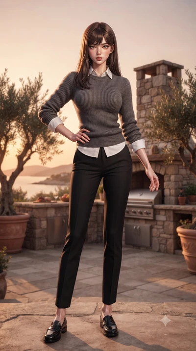 score_9, masterpiece, best quality, ultra-detailed, high-budget anime keyframe, editorial fashion photography, tasteful artistic composition, Korean woman woman. low angle full-body shot from head to toe showing her feet, filling the entire 9:16 vert