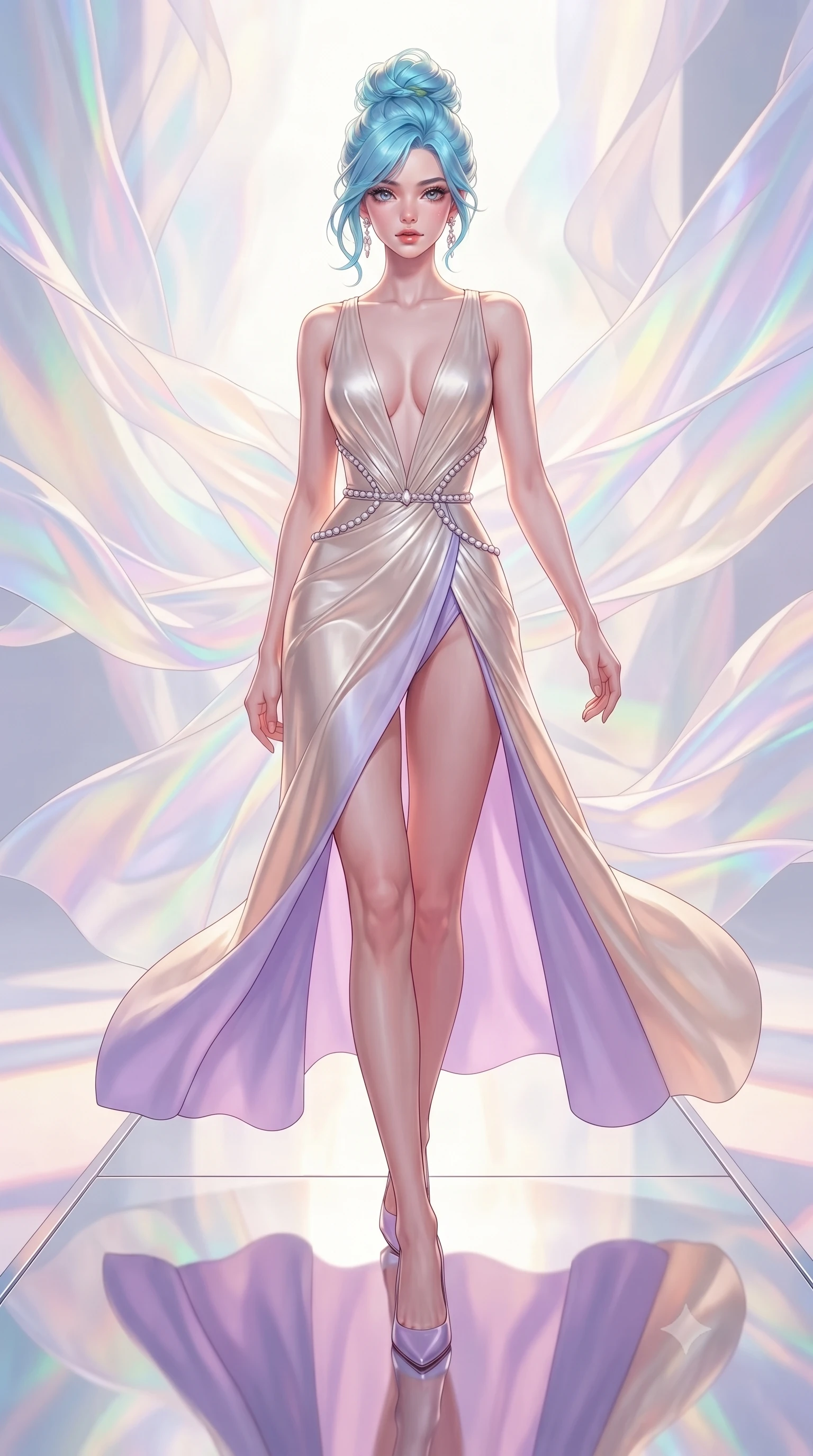 score_9, masterpiece, best quality, ultra-detailed, high-budget anime keyframe, editorial fashion photography, tasteful artistic composition, Japanese woman. low angle full-body shot from head to toe showing her feet, filling the entire 9:16 vertical frame with her statuesque presence, stretching her vertical silhouette. navigating the celestial sanctuary with an effortless, graceful stride, walking along a mirror runway surrounded by billowing translucent holographic silk, soft sunlight filtering through organza layers casting pastel color shadows. She has an absolutely perfect, statuesque 8.5-heads proportion, an exceptionally tall and slender model-like female figure with impossibly long slender legs and an ultra-slim waist. sharp v-shaped jawline, high-bridge nose, intricate jewel-like eyes with depth, thick eyelashes, glossy lips with a natural sheen. wearing deep plunging V-neckline champagne silk gown with daring high thigh slit in pastel lavender violet, made of sculpted platinum chrome, adorned with minimalist pearl hardware framing the waistline, highlighting her statuesque proportions and ultra-slim waistline. lit by bright white studio key light with colorful prismatic rim lighting. highly saturated vibrant anime colors, detailed shading with soft gradients, rich glossy textures, high-contrast stereoscopic depth, volumetric dynamic lighting, master piece, 9:16 ratio