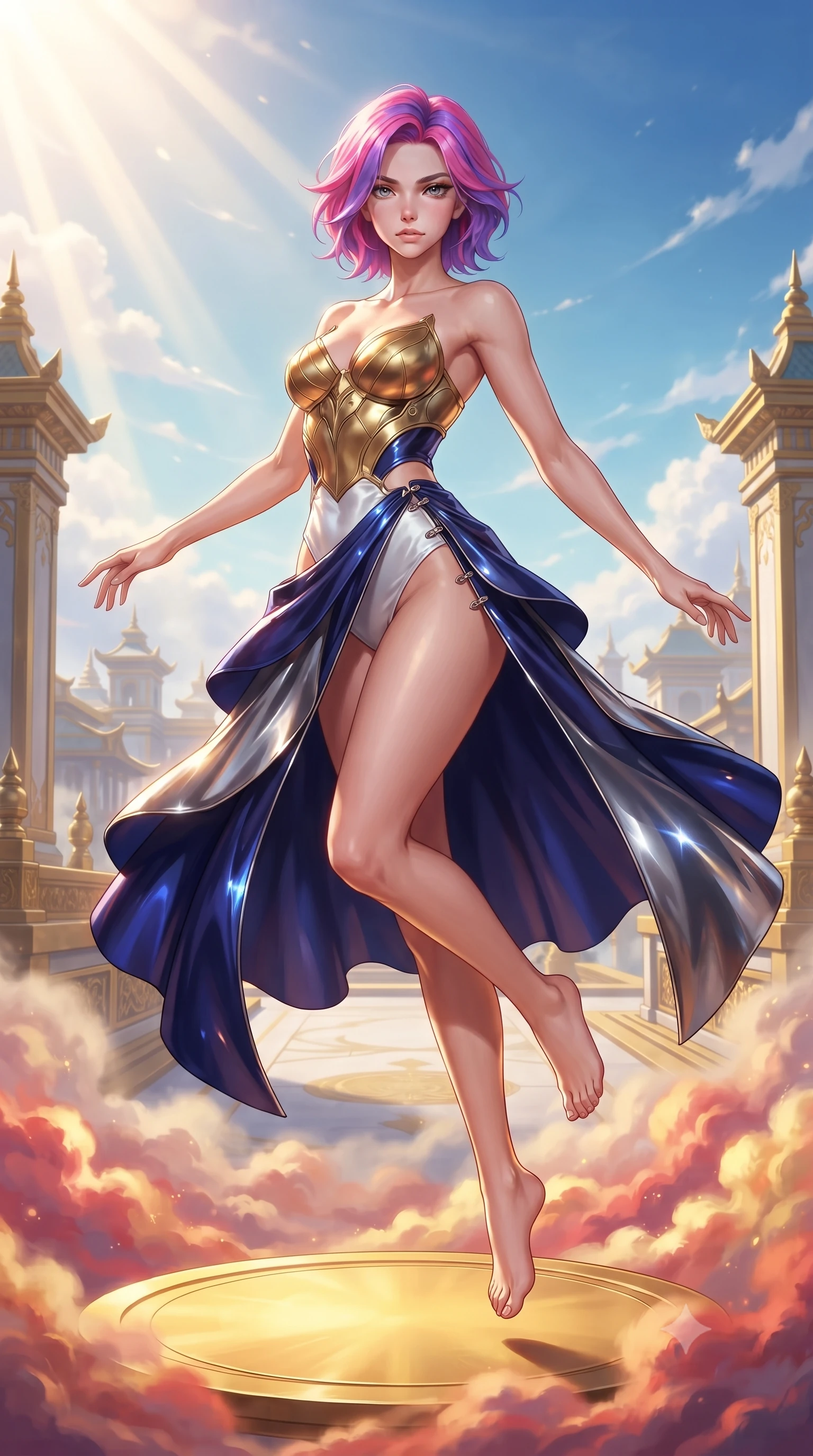 score_9, masterpiece, best quality, ultra-detailed, high-budget anime keyframe, editorial fashion photography, tasteful artistic composition, Caucasian woman. low angle full-body shot from head to toe showing her feet, filling the entire 9:16 vertical frame with her statuesque presence, stretching her vertical silhouette. leaping through mid-air with an athletic yet alluring arch of her spine, her impossibly long slender legs stretched in flawless poise while pivoting dynamically on a floating golden sun-disc runway as crimson and gold sunrise clouds swirl beneath her feet. The surrounding environment is rendered in vivid detail and crisp panoramic clarity. crisp architectural golden altar edges, sunrise sunbeam shaft borders, and clear sky in high clarity. She has an absolutely perfect, statuesque 8.5-heads proportion, an exceptionally tall and slender model-like female figure with impossibly long slender legs, a toned flat midriff, and an ultra-slim waist. sharp v-shaped jawline, high-bridge nose, intricate jewel-like eyes with depth, thick eyelashes, glossy lips with a natural sheen, flawlessly proportioned anatomical accuracy, strict slender model proportions, natural body alignment, perfectly sculpted long slender limbs, ultra-slim waistline, clean dynamic posture without body distortion. wearing a sculpted golden breastplate bodice paired with high-cut white satin briefs and a fluid draped side skirt in deep royal navy blue and specular chrome, formed from high-gloss patent material with specular light reflections, finished with an ultra-high side slit secured by miniature magnetic clasps, the liquid-tight tailored fabric emphasizing every curve of her tall, slender model proportions and sculptured silhouette during dynamic movement. illuminated by crisp golden rim highlights sharply tracing her ultra-slim waist, long legs, and flat midriff. ultra-reflective glossy finish, specular highlights, metallic sheen, high-contrast stereoscopic depth, volumetric dynamic lighting, 2k, ultra detail, master piece, 9:16 ratio