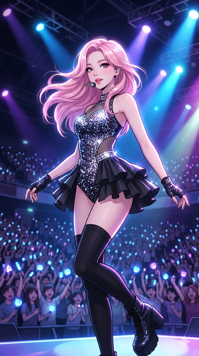 score_9, masterpiece, best quality, ultra-detailed, semi-realistic high-budget anime keyframe, an incredibly beautiful Korean woman. Dynamic low angle shot filling the frame. She has an absolutely cute and compact proportion, an petite female figure with a delicate skinny figure. Her face is a highly detailed masterpiece featuring a v-shaped jawline, high-bridge nose, intricate jewel-like eyes, thick eyelashes, and glossy lips. She has pastel pink flowing hair. She is wearing a seductive high-cut idol stage costume covered in sparkling sequins, ruffled mini skirt, highlighting her alluring silhouette. Glittering pop-star stadium, dramatic spotlighting, dramatic rim lighting, cinematic shadows, 2k, ultra detail, master piece, 9:16 ratio