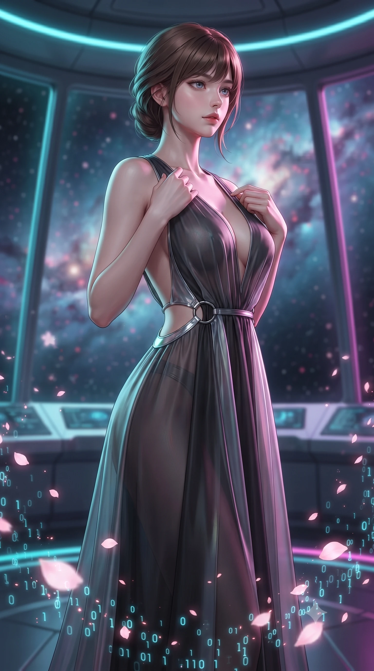 score_9, masterpiece, best quality, ultra-detailed, high-budget anime keyframe, editorial fashion photography, tasteful artistic composition, Korean woman. close-up cowboy shot from the waist and thighs up, the character dominates the composition, filling the frame with her large presence, background elements kept in soft focus. Gazing past the camera with an air of effortless elegance and mysterious confidence standing inside a high-tech observatory with panoramic glass views of a nebula, floating digital sakura petals flickering into binary code sparks. She has an exceptionally elegant, slender, and willowy female figure with an ultra-slim waist, a gracefully sculpted slender torso, and a refined silhouette. sharp v-shaped jawline, high-bridge nose, intricate jewel-like eyes with depth, thick eyelashes, glossy lips with a natural sheen. wearing a translucent iridescent chiffon gown with a plunging neckline and open back in matte black and polished silver, crafted from smooth liquid silk, accented with delicate chrome ring hardware framing her waist, the tailored fabric tightly following every curve of her athletic build. bathed in brilliant neon cyan and magenta rim light with clean white ambient glow. ultra-reflective glossy finish, specular highlights, metallic sheen, high-contrast stereoscopic depth, volumetric dynamic lighting, 2k, ultra detail, master piece, 9:16 ratio
