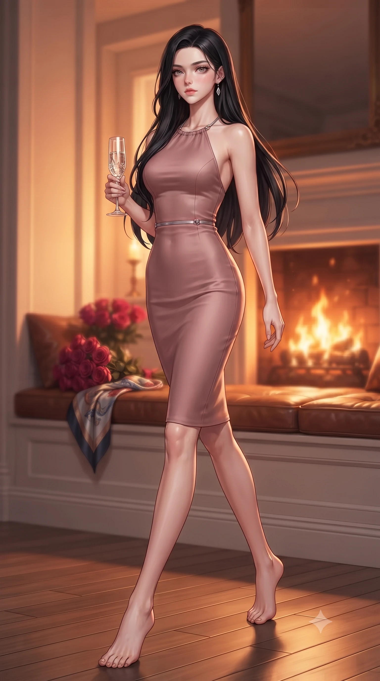 score_9, masterpiece, best quality, ultra-detailed, high-budget anime keyframe, editorial fashion photography, tasteful artistic composition, Korean woman. low angle full-body shot from head to toe showing her feet, filling the entire 9:16 vertical frame with her statuesque presence, stretching her vertical silhouette. stepping gracefully across the floor, her statuesque posture highlighting her slender waist while holding a crystal champagne glass set against a soft-focus background of inside an exclusive sunroom alcove with a bouquet of crimson roses and a silk scarf resting on the leather seat. She has an absolutely perfect, statuesque 8.5-heads proportion, an exceptionally tall and slender model-like female figure with impossibly long slender legs and an ultra-slim waist. sharp v-shaped jawline, high-bridge nose, intricate jewel-like eyes with depth, thick eyelashes, glossy lips with a natural sheen. wearing slim-fit dusty rose matte silk form-contouring cashmere halter dress tracing her statuesque physique accented with delicate silver hardware. bathed in cozy, flickering fireplace light that paints the room in a warm orange wash. highly saturated vibrant anime colors, detailed shading with soft gradients, rich glossy textures, high-contrast stereoscopic depth, volumetric dynamic lighting, master piece, 9:16 ratio
