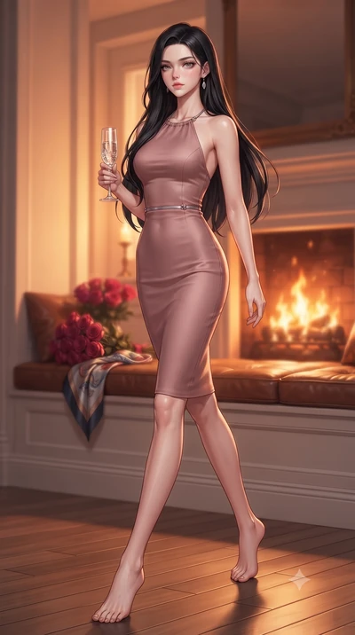 score_9, masterpiece, best quality, ultra-detailed, high-budget anime keyframe, editorial fashion photography, tasteful artistic composition, Korean woman. low angle full-body shot from head to toe showing her feet, filling the entire 9:16 vertical f