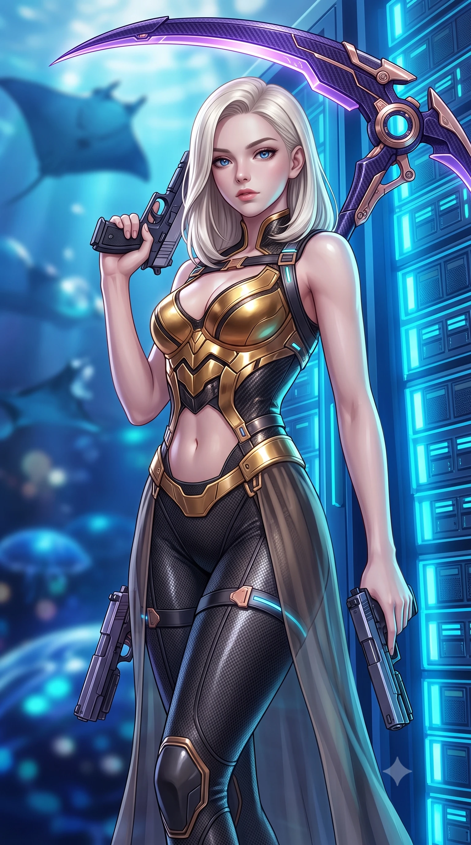 score_9, masterpiece, best quality, ultra-detailed, high-budget anime keyframe, semi-realistic 3D game render, editorial fashion photography, tasteful artistic composition, Caucasian woman. close-up cowboy shot from the waist and thighs up, the character dominates the composition, filling the frame with her large presence. gazing forward with divine sovereign poise, captivating jewel-like eyes shining with transcendent focus while holding her weapon with effortless mastery while leaning against a glowing server bank with twin pistols lowered, glancing over her shoulder with an alluring, bedroom-eyed gaze. The composition keeps background elements in soft focus with creamy bokeh. swimming deep-sea manta rays and aquatic dome water ripples blurred into rich sapphire, cyan, and indigo bokeh. She has an exceptionally elegant, slender, and willowy female figure with an ultra-slim waist, a gracefully sculpted slender torso, toned flat midriff, and a refined slim silhouette. sharp v-shaped jawline, high-bridge nose, intricate jewel-like eyes with depth, thick eyelashes, glossy lips with a natural sheen, flawlessly proportioned anatomical accuracy, strict slender model proportions, natural body alignment, perfectly sculpted long slender limbs, ultra-slim waistline, clean dynamic posture without body distortion. wearing a sculpted molten-gold and dark carbon cuirass paired with high-mobility combat leggings and sheer side drapes, wielding a glowing plasma energy scythe with fluid grace in royal purple carbon fiber with rose-gold hardware and clasps, tailored from flexible second-skin carbon-mesh that clings flawlessly to her athletic curves, reinforced by a sleek titanium tactical harness and glowing micro-energy straps, the form-contouring material adhering flawlessly to her sculpted flat midriff and slender torso, emphasizing her long leg lines and perfectly proportioned willowy build. illuminated by crisp white key light and sharp specular highlights tracing her slender curves. rich saturated anime colors with glowing neon highlights, detailed shading with soft gradients, rich glossy textures, high-contrast stereoscopic depth, volumetric dynamic lighting, master piece, 9:16 ratio