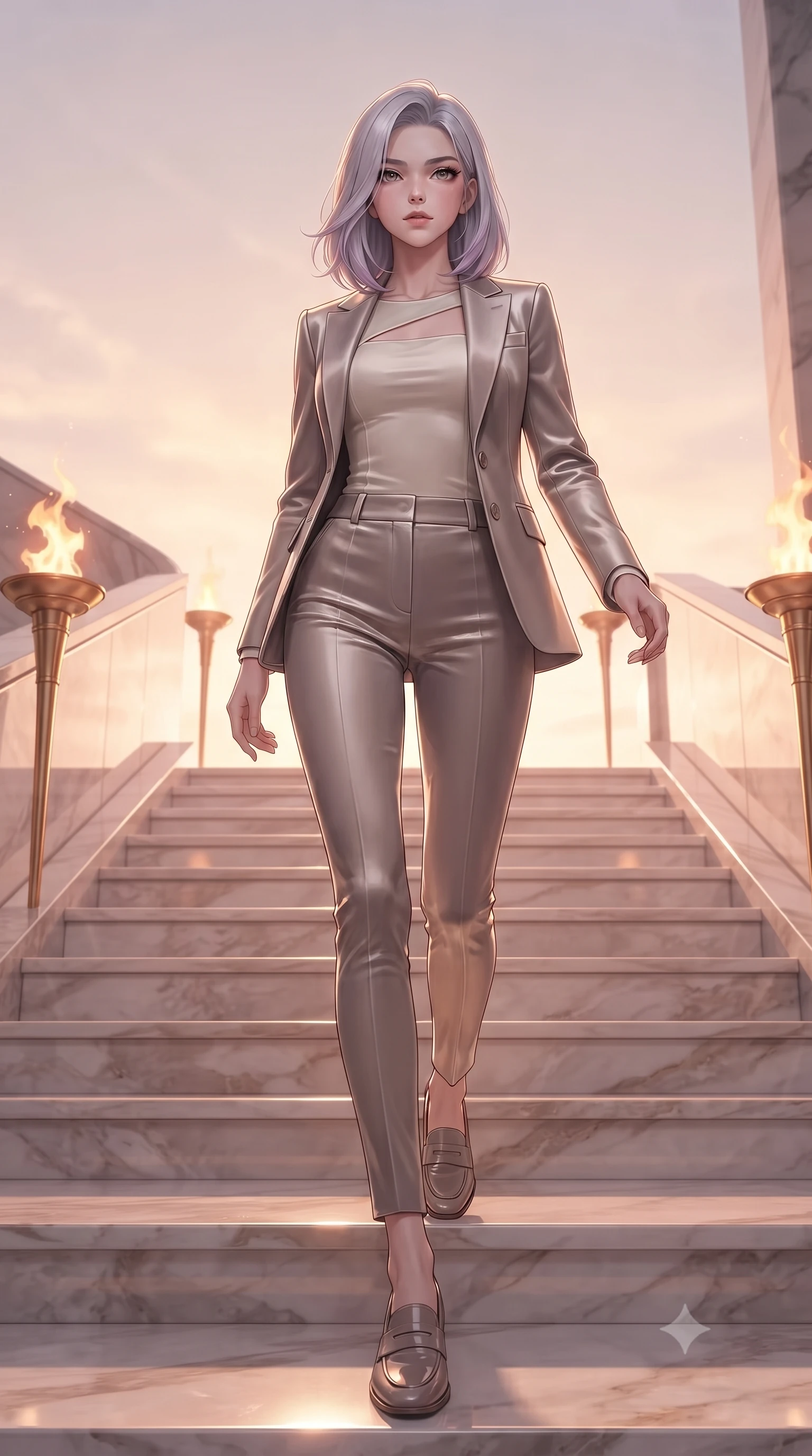 score_9, masterpiece, best quality, ultra-detailed, high-budget anime keyframe, editorial fashion photography, tasteful artistic composition, Caucasian woman. low angle full-body shot from head to toe showing her feet, filling the entire 9:16 vertical frame with her statuesque presence, stretching her vertical silhouette. forging dynamically through the scene, her vertical silhouette beautifully stretched descending a grand marble staircase flanked by golden torch flames at dusk, soft rose-gold and amber sunset light reflecting off polished marble. She has an absolutely perfect, statuesque 8.5-heads proportion, an exceptionally tall and slender model-like female figure with impossibly long slender legs and an ultra-slim waist. sharp v-shaped jawline, high-bridge nose, intricate jewel-like eyes with depth, thick eyelashes, glossy lips with a natural sheen. wearing a tailored silk blazer over a form-contouring top and fitted slacks in muted taupe and soft ivory, made of premium stretch velvet with a rich sheen, accented with a Tasteful chest slit framing her clavicle gracefully, the sleek second-skin texture accentuating her magnetic presence. surrounded by a bright, luxurious aura of warm sunshine and sky reflections. ultra-reflective glossy finish, specular highlights, metallic sheen, high-contrast stereoscopic depth, volumetric dynamic lighting, 2k, ultra detail, master piece, 9:16 ratio