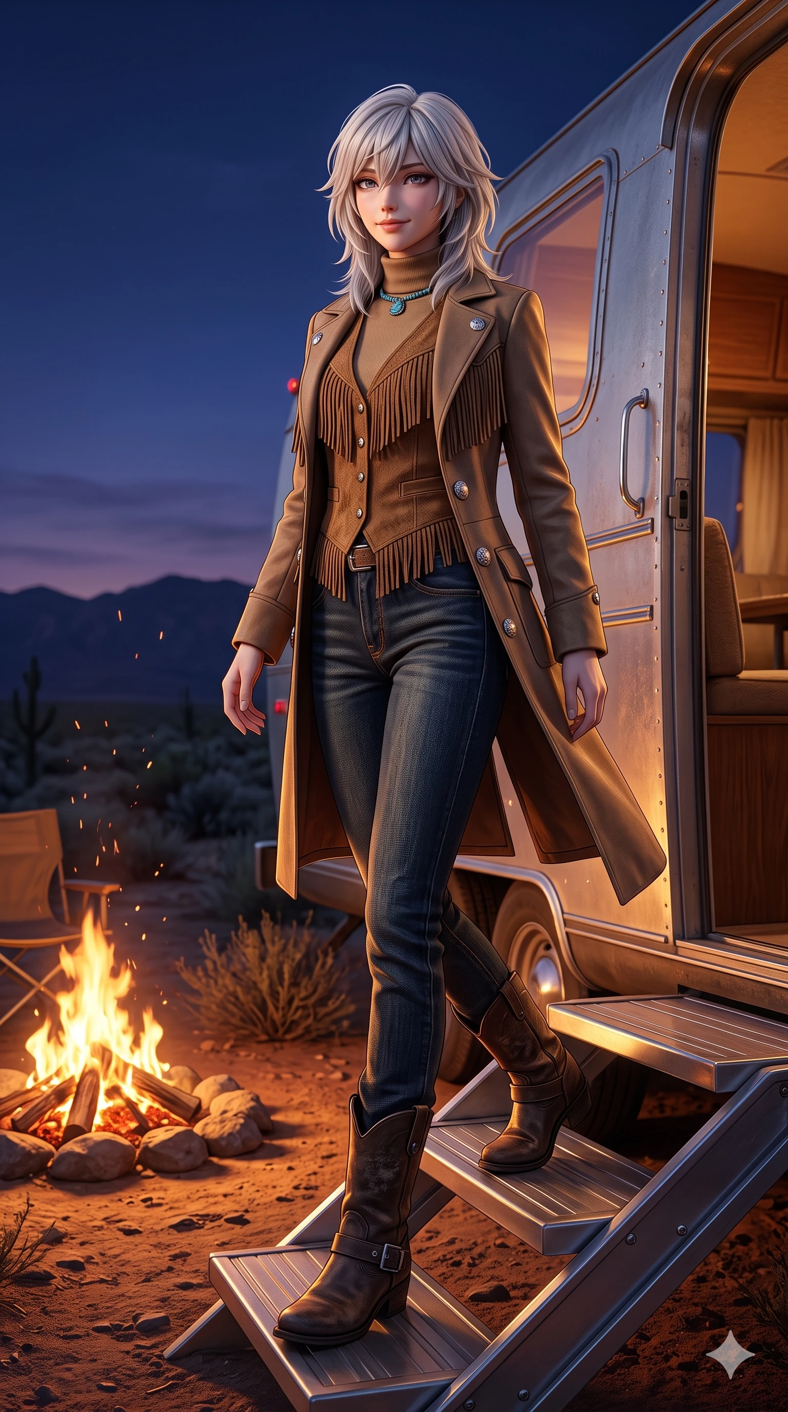 score_9, masterpiece, best quality, ultra-detailed, high-budget anime keyframe, semi-realistic 3D game render, editorial fashion photography, tasteful artistic composition, Japanese woman. low angle full-body shot from head to toe showing her feet, filling the entire 9:16 vertical frame with her statuesque presence, stretching her vertical silhouette. stepping forward in a confident stride, her long slender legs and curvaceous hips creating a dynamic, sweeping vertical line while standing poised on the polished aluminum trailer steps, arching her lower back with sovereign supermodel grace while gazing out at the twilight desert. The surrounding environment is rendered in vivid detail and crisp panoramic clarity: detailed fringe suede vest texture, turquoise choker gleam, and vintage camping aesthetics in razor-sharp precision. She has an absolutely perfect, statuesque 8.5-heads proportion, an exceptionally tall and slender model-like female figure with impossibly long slender legs, an ultra-slim waist, a flat toned midriff, narrow delicate ribcage, and beautifully sculpted feminine hips creating a graceful, slim hourglass silhouette without any bulky heaviness. sharp v-shaped jawline, high-bridge nose, sparkling eyes with hypnotic seductive depth, thick curled eyelashes, glossy parted lips with a natural dewy peach sheen, alluring bedroom-eyes with an enchanting coquettish smile, exuding magnetic siren charisma and sophisticated glamour, flawlessly proportioned anatomical accuracy, strict slender model proportions, natural body alignment, perfectly sculpted long slender limbs, ultra-slim waistline, clean dynamic posture without body distortion. wearing a tailored Western duster coat with silver concho buttons and structured lapels layered over a modest high-neck knit in matte desert tan and polished chrome accents, woven from bespoke sun-bleached selvedge denim with rich tactile slub texture, complemented by rugged distressed leather motorcycle boots with silver buckle hardware, the impeccably tailored cut draping gracefully along her slender figure with aristocratic western poise. bathed in the warm, dancing amber 2000K glow of crackling mesquite campfire coals contrasting with the deep twilight indigo sky. highly saturated vibrant anime colors, detailed shading with soft gradients, rich glossy textures, high-contrast stereoscopic depth, volumetric dynamic lighting, master piece, 9:16 ratio