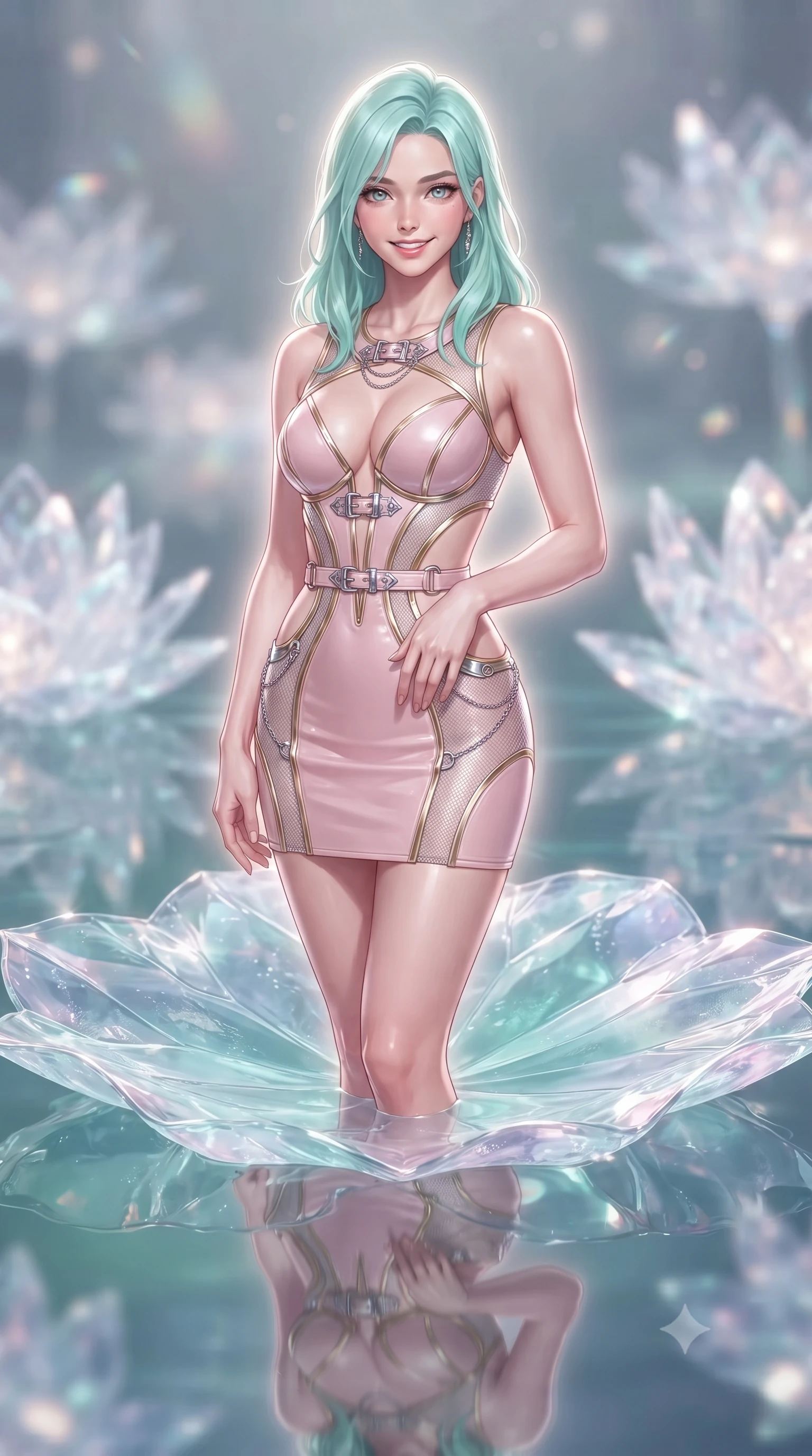 score_9, masterpiece, best quality, ultra-detailed, high-budget anime keyframe, editorial fashion photography, tasteful artistic composition, Japanese woman. close-up cowboy shot from the waist and thighs up, the character dominates the composition, filling the frame with her large presence, background elements kept in soft focus. Smiling with quiet, magnetic self-assurance directly into the camera, poised on a giant crystal lotus leaf in a mirror-still opal pond, water surface creating a flawless mirror reflection of her form. She has an exceptionally elegant, slender, and willowy female figure with an ultra-slim waist, a gracefully sculpted slender torso, and a refined silhouette. sharp v-shaped jawline, high-bridge nose, intricate jewel-like eyes with depth, thick eyelashes, glossy lips with a natural sheen. wearing architectural cut-out pale pink leather mini dress with sculpted gold boning in soft blush pink, made of fine silver contouring mesh, framed by polished silver buckles and delicate chain details, contouring every curve with an exceptionally elegant silhouette. surrounded by a gentle glowing aura of crystal lotus light. ultra-reflective glossy finish, specular highlights, metallic sheen, high-contrast stereoscopic depth, volumetric dynamic lighting, 2k, ultra detail, master piece, 9:16 ratio