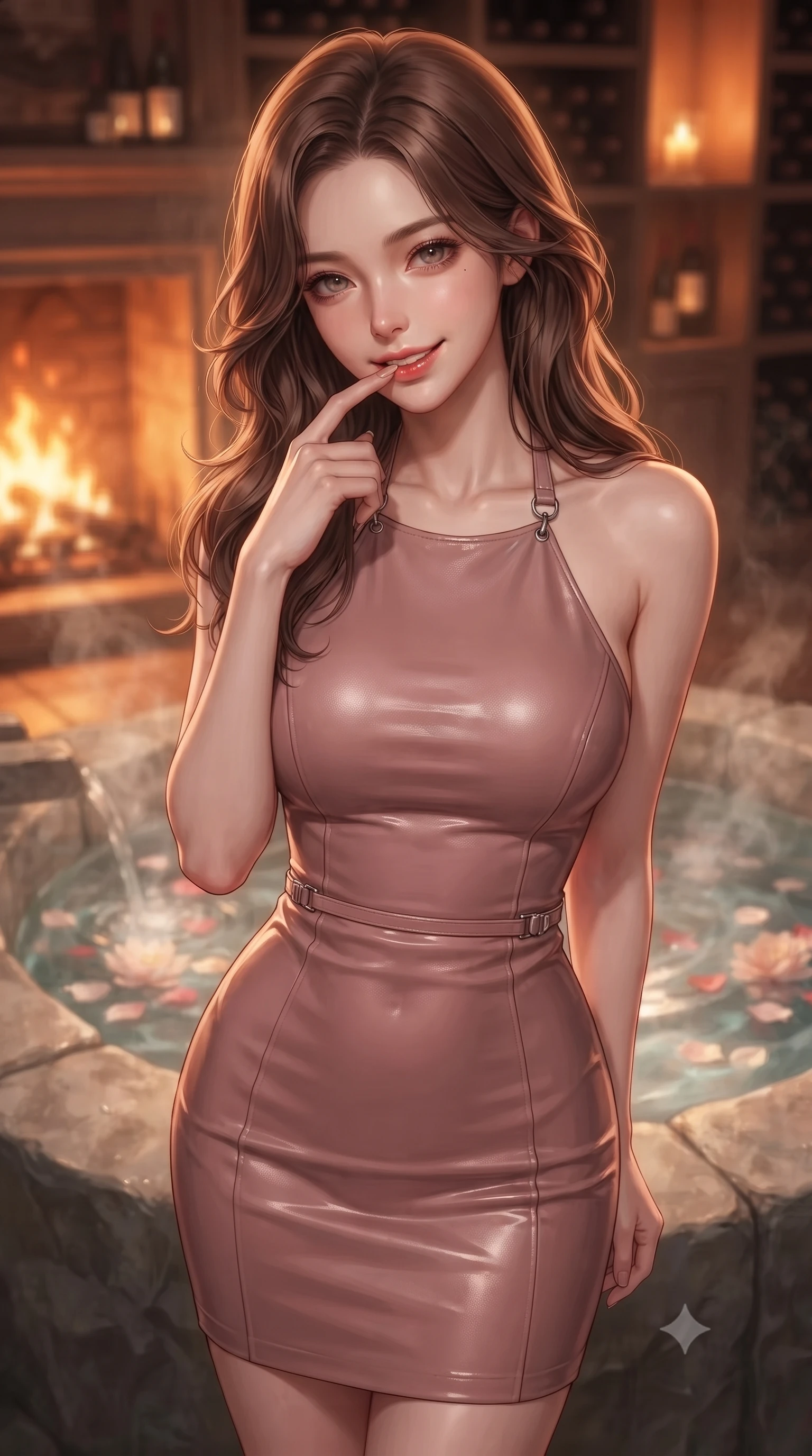 score_9, masterpiece, best quality, ultra-detailed, high-budget anime keyframe, editorial fashion photography, tasteful artistic composition, Korean woman. close-up cowboy shot from the waist and thighs up, the character dominates the composition, filling the frame with her large presence, background elements kept in soft focus. gently touching her lower lip with one finger, looking up at the viewer with a deeply charming, sultry smile set against a soft-focus background of inside an exclusive wine cellar alcove with rising mineral steam and floating flower petals on the clear water surface. She has an exceptionally elegant, slender, and willowy female figure with an ultra-slim waist, a gracefully sculpted slender torso, and a refined silhouette. sharp v-shaped jawline, high-bridge nose, intricate jewel-like eyes with depth, thick eyelashes, glossy lips with a natural sheen. wearing slim-fit dusty rose glossy leather form-contouring cashmere halter dress tracing her statuesque physique accented with delicate silver hardware. bathed in cozy, flickering fireplace light that paints the room in a warm orange wash. ultra-reflective glossy finish, specular highlights, metallic sheen, high-contrast stereoscopic depth, volumetric dynamic lighting, 2k, ultra detail, master piece, 9:16 ratio