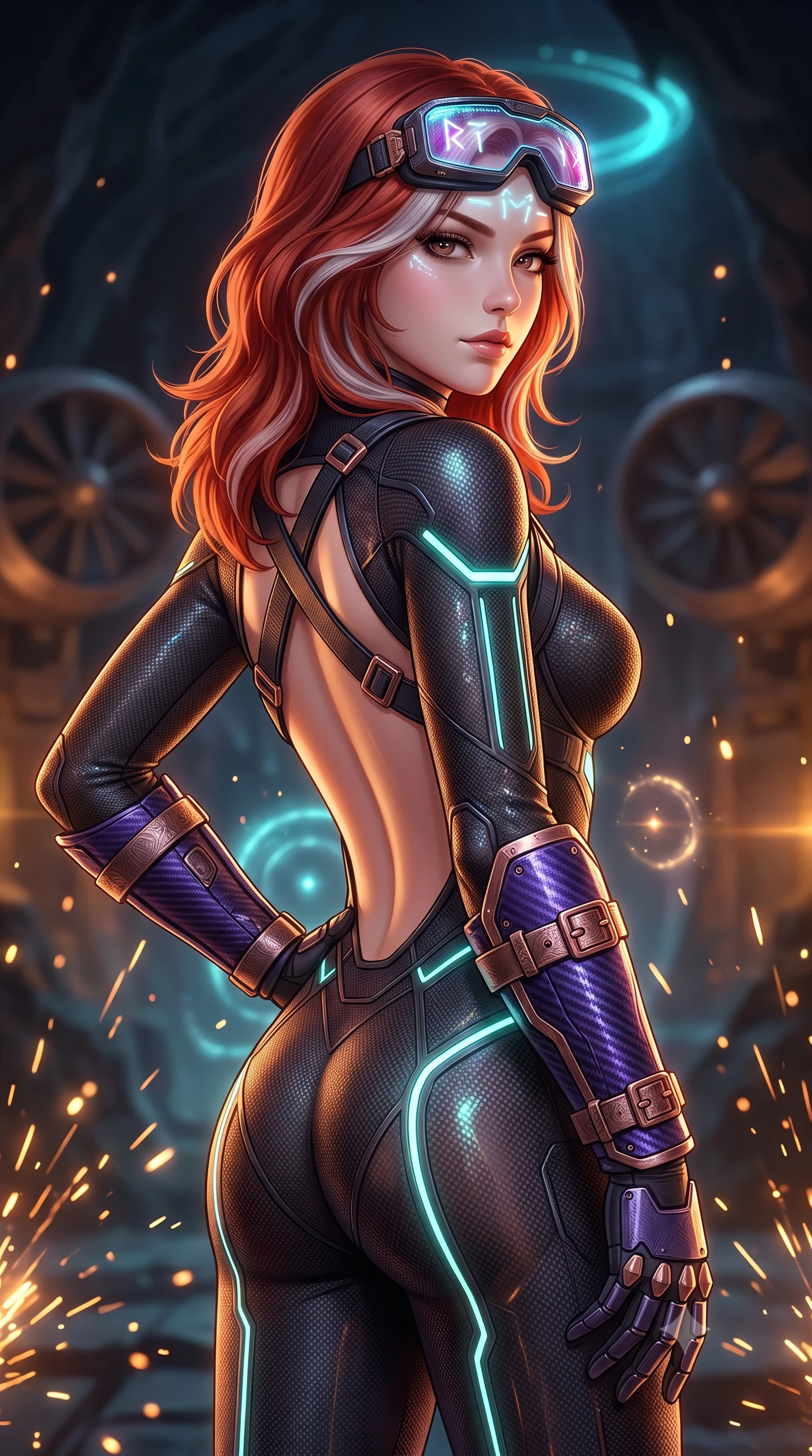 score_9, masterpiece, best quality, ultra-detailed, high-budget anime keyframe, semi-realistic 3D game render, editorial fashion photography, tasteful artistic composition, Caucasian woman. close-up cowboy shot from the waist and thighs up, the character dominates the composition, filling the frame with her large presence. resting one armored hand on her hip while glancing over her shoulder with thick eyelashes and an indomitable, smoldering combat gaze while resting one hand on her hip with a haughty, captivating battle smirk as giant exhaust turbines turn slowly overhead. The composition keeps background elements in soft focus with creamy bokeh. sparkling sonar pulse rings and grinding metal sparks scattering light motes across a dark cavern backdrop. She has an exceptionally elegant, slender, and willowy female figure with an ultra-slim waist, a gracefully sculpted slender torso, toned flat midriff, and a refined slim silhouette. sharp v-shaped jawline, high-bridge nose, intricate jewel-like eyes with depth, thick eyelashes, glossy lips with a natural sheen, fierce and resolute heroine expression, flawlessly proportioned anatomical accuracy, strict slender model proportions, natural body alignment, perfectly sculpted long slender limbs, ultra-slim waistline, clean dynamic posture without body distortion. wearing high-tech holographic tactical goggles resting tipped up on her forehead, casting glowing neon runes across her brow without obscuring her features, paired with a skin-tight dark carbon-weave combat bodysuit with glowing neon energy conduits and reinforced Damascus-pattern forearm strike guards in royal purple carbon fiber with distressed rose-gold hardware and buckles, crafted from semi-translucent cybernetic carbon-vinyl interwoven with glowing micro-filaments, complemented by criss-cross back harness straps highlighting her completely bare spine, the form-contouring material adhering flawlessly to her sculpted flat midriff and slender torso, emphasizing her long leg lines and perfectly proportioned willowy build. bathed in atmospheric amber emergency lighting and pulsing cyan sonar crown glow. rich saturated anime colors with glowing neon highlights, detailed shading with soft gradients, rich glossy textures, high-contrast stereoscopic depth, volumetric dynamic lighting, master piece, 9:16 ratio