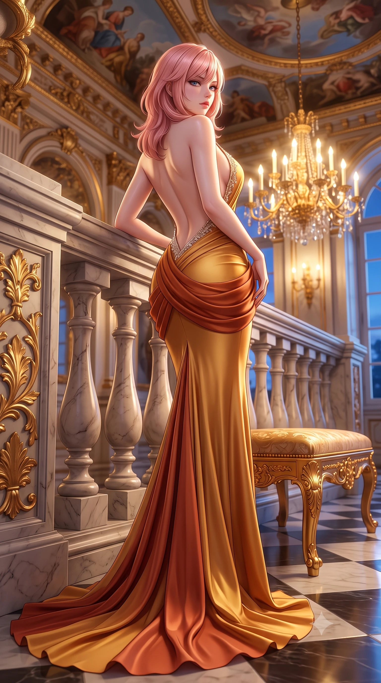 score_9, masterpiece, best quality, ultra-detailed, high-budget anime keyframe, semi-realistic 3D game render, editorial fashion photography, tasteful artistic composition, Japanese woman. low angle full-body shot from head to toe showing her feet, filling the entire 9:16 vertical frame with her statuesque presence, stretching her vertical silhouette. leaning deep against the structural architecture with hips cocked in an unapologetically bold, seductive high-fashion stance while perching on an ornate gilded bench beneath classical ceiling frescoes, looking back over her shoulder with royal sovereign allure. The surrounding environment is rendered in vivid detail and crisp panoramic clarity. sharp carved marble baluster contours, gilded leaf scrollwork, and polished checkerboard floor in deep focus. She has an exceptionally tall and slender model-like 8.5-heads proportion, an ultra-slim waist, a flat toned midriff, narrow delicate ribcage, and beautifully sculpted feminine hips creating a graceful, slim hourglass silhouette without any bulky heaviness, with impossibly long slender legs. sharp v-shaped jawline, high-bridge nose, intricate jewel-like eyes with depth, thick eyelashes, glossy parted lips with a natural sheen, intensely captivating and seductive bedroom-eyes expression, flawlessly proportioned anatomical accuracy, strict slender model proportions, natural body alignment, perfectly sculpted long slender limbs, ultra-slim waistline, clean dynamic posture without body distortion. wearing an open-back duchess satin gala gown with a dramatic hip-hugging drape and cascading trailing hem in molten desert gold and burnt terracotta, woven from layered gossamer chiffon with a weightless sweeping drape, finished with delicate crystal frost embroidery tracing the plunging neckline, the liquid-tight tailored fabric clinging flawlessly to her narrow waist and rounded feminine hips, emphasizing every millimeter of her sculpted slim hourglass curves without any bulky heaviness. bathed in opulent golden chandelier light radiating from the grand foyer and cool blue evening sky fill. highly saturated vibrant anime colors, detailed shading with soft gradients, rich glossy textures, high-contrast stereoscopic depth, volumetric dynamic lighting, master piece, 9:16 ratio