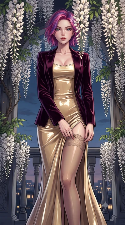 score_9, masterpiece, best quality, ultra-detailed, High-budget Anime Keyframe, Caucasian woman, strictly human ears. Low angle cowboy shot filling the entire 9:16 frame with her statuesque presence. Scenario 405: adjusting her thigh-high stocking ne