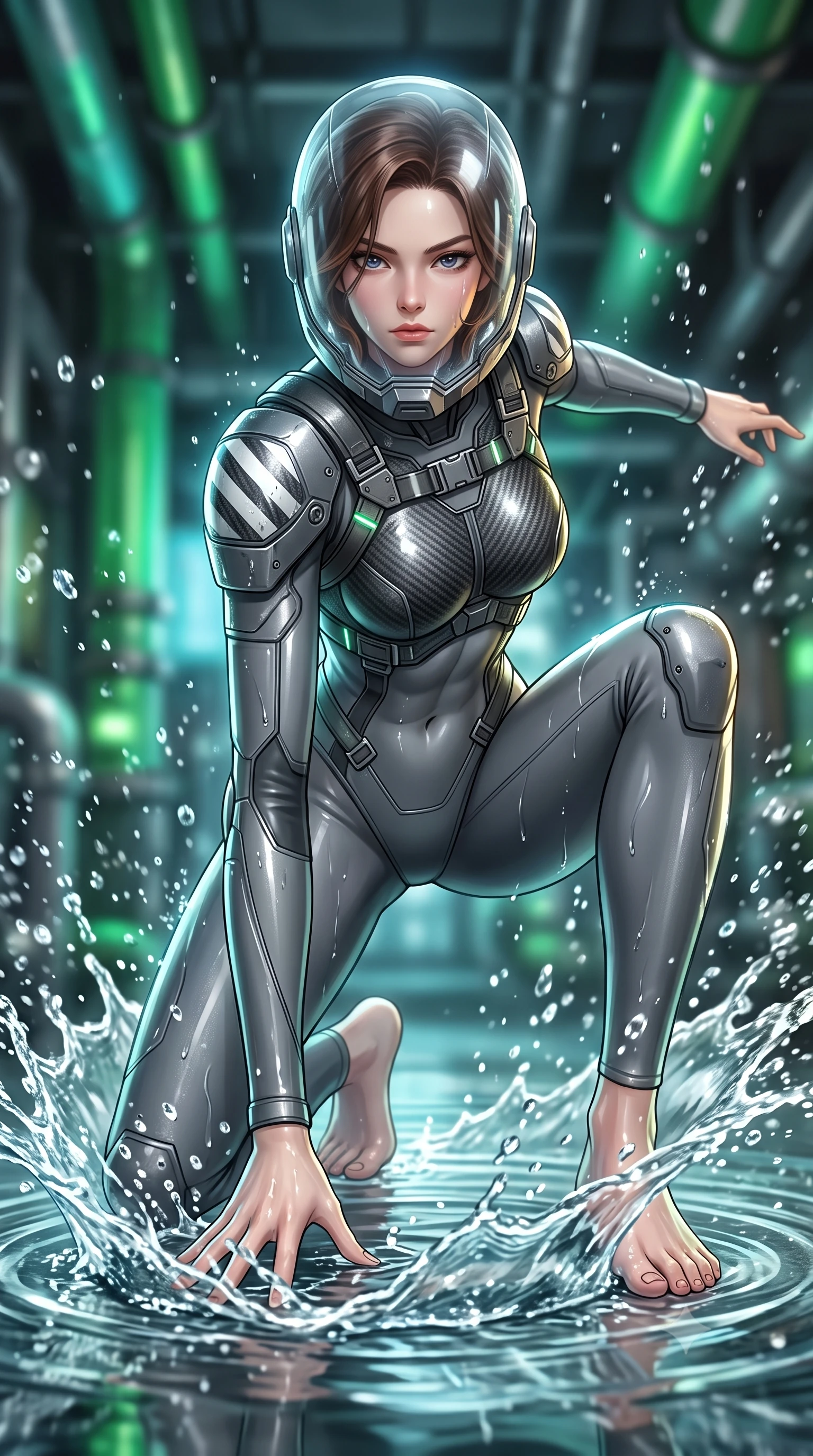 score_9, masterpiece, best quality, ultra-detailed, high-budget anime keyframe, semi-realistic 3D game render, editorial fashion photography, tasteful artistic composition, Korean woman. low angle full-body shot from head to toe showing her feet, filling the entire 9:16 vertical frame with her statuesque presence, stretching her vertical silhouette. landing gracefully from a high-altitude leap on one knee and palm, her statuesque silhouette framed by radial shockwave ripples in the ground while sliding across the wet floor into a low sweep stance, sending a high-pressure wave of water cascading toward the camera. The composition keeps background elements in soft focus with creamy bokeh. splashing water droplets and glowing green biochemical drain pipes blurred into radiant emerald, cyan, and charcoal bokeh. She has an absolutely perfect, statuesque 8.5-heads proportion, an exceptionally tall and slender model-like female figure with impossibly long slender legs, a toned flat midriff, and an ultra-slim waist. sharp v-shaped jawline, high-bridge nose, intricate jewel-like eyes with depth, thick eyelashes, glossy lips with a natural sheen, fierce and resolute heroine expression, flawlessly proportioned anatomical accuracy, strict slender model proportions, natural body alignment, perfectly sculpted long slender limbs, ultra-slim waistline, clean dynamic posture without body distortion. wearing a crystal-clear transparent armored riot-visor helmet showing her entire beautiful face and determined expression with pristine clarity, paired with a heavy modular carbon-fiber combat cuirass paired with a second-skin tactical leotard and reinforced titanium shoulder pauldrons in storm-grey carbon mesh with high-contrast white hazard stripes, made of lightweight aerodynamic carbon-titanium alloy with precision-beveled armor seams, reinforced by a heavy-duty titanium tactical harness and glowing micro-energy status straps, the sleek second-skin cut tightly hugging her graceful clavicle, narrow waist, and feminine curves with athletic precision. illuminated by wet reflective highlights tracing her sculpted collarbones, waistline, and long slender legs. rich saturated anime colors with glowing neon highlights, detailed shading with soft gradients, rich glossy textures, high-contrast stereoscopic depth, volumetric dynamic lighting, master piece, 9:16 ratio