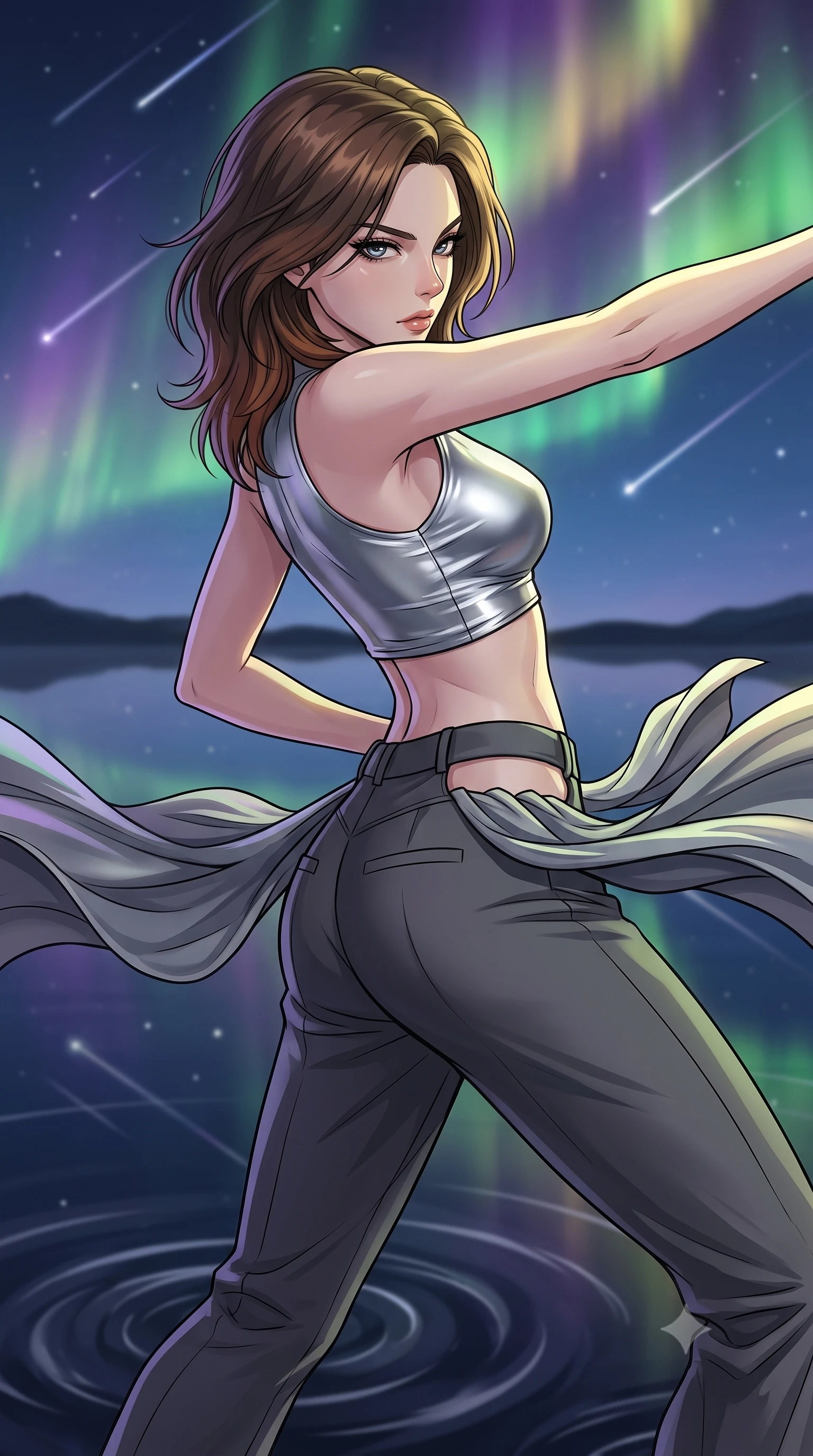 score_9, masterpiece, best quality, ultra-detailed, high-budget anime keyframe, clean line-art, cel-shading, Korean woman. close-up cowboy shot from the waist and thighs up, the character dominates the composition, filling the frame with her large presence, background elements kept in soft focus. Leaning back to dodge a fast strike with fluid grace, casting a cold side-glare. set against a soft-focus background of a perfectly flat obsidian stone lake at night, mirroring a sky filled with shooting stars, ripples spreading from her footsteps. She has an exceptionally elegant and slender, willowy female figure with an ultra-slim waist, a gracefully sculpted slender torso, and a refined slim physique. sharp v-shaped jawline, high-bridge nose, intricate jewel-like eyes with depth, thick eyelashes, glossy lips with a natural sheen. wearing the lightweight fabric rippling and billowing dramatically with her movement, a body-hugging metallic silver crop top paired with high-waisted charcoal trousers featuring side waist cutouts. illuminated by a shifting aurora palette of green violet and gold from above. highly saturated vibrant anime colors, intense vivid color palette, volumetric dynamic lighting, 2k, ultra detail, master piece, 9:16 ratio