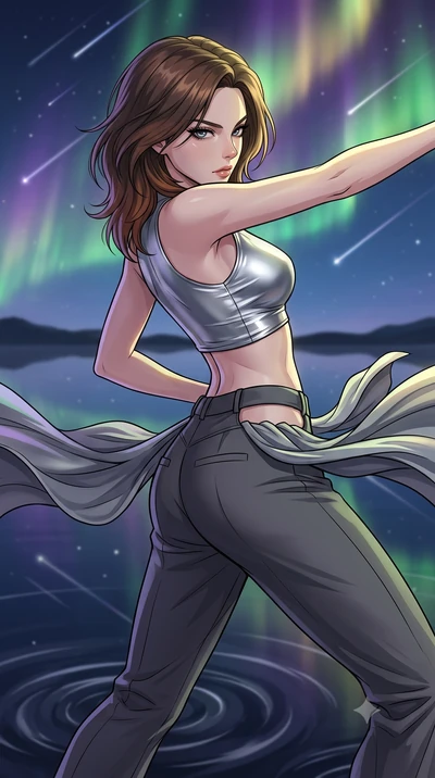 score_9, masterpiece, best quality, ultra-detailed, high-budget anime keyframe, clean line-art, cel-shading, Korean woman. close-up cowboy shot from the waist and thighs up, the character dominates the composition, filling the frame with her large pr