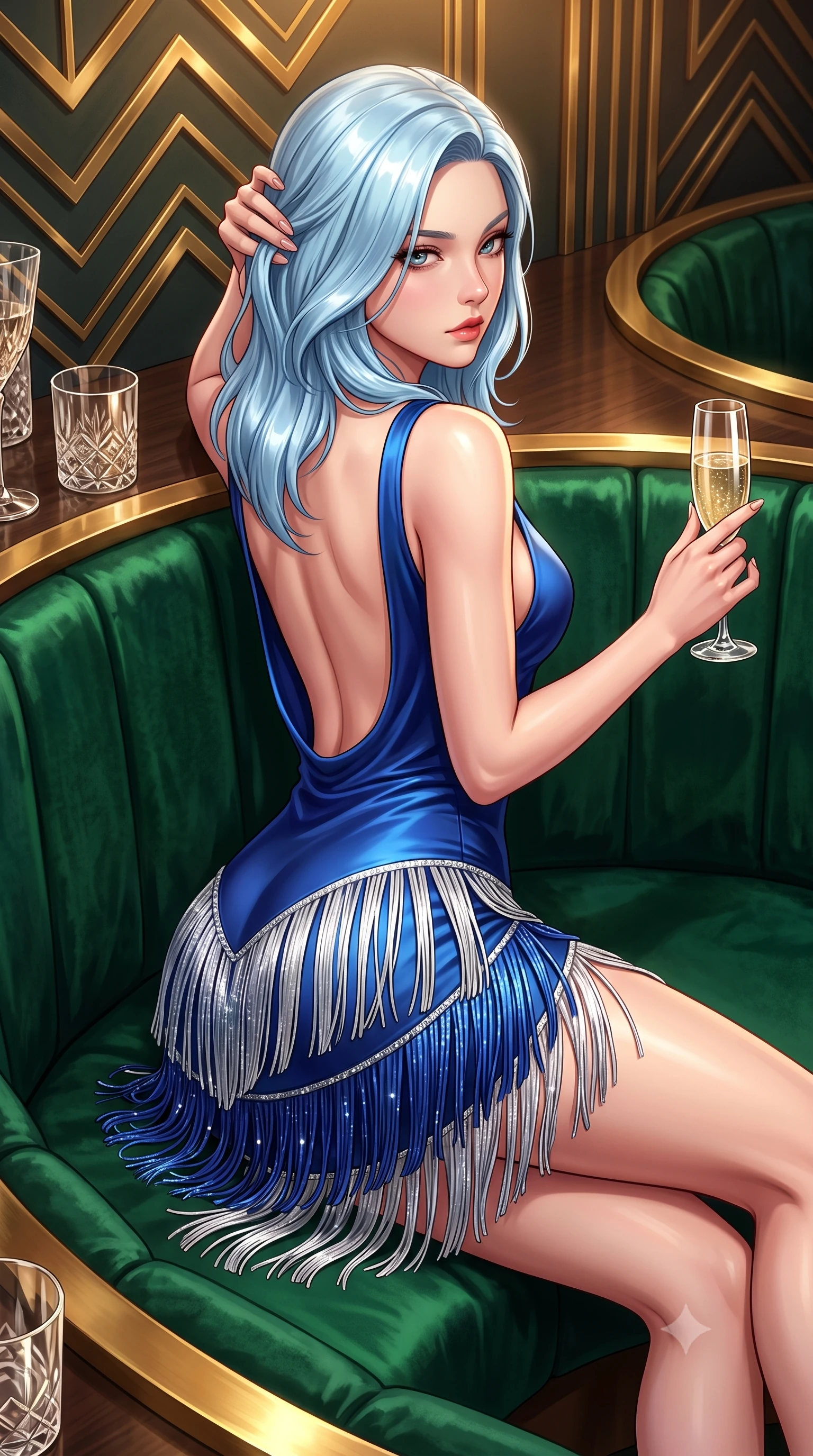 score_9, masterpiece, best quality, ultra-detailed, high-budget anime keyframe, semi-realistic 3D game render, editorial fashion photography, tasteful artistic composition, Korean woman. close-up cowboy shot from the waist and thighs up, the character dominates the composition, filling the frame with her large presence. twisting her slender torso in a deep contrapposto stance, hips dramatically shifted to accentuate her feminine curves while looking past her shoulder with smoldering bedroom-eyes while lounging languidly in a circular VIP booth of emerald velvet, running fingers through her glossy hair as jazz music drifts. The surrounding environment is rendered in vivid detail and crisp panoramic clarity. sharp geometric brass chevron wall moldings, crystal glass facets, and velvet fabric pile in deep focus. She has an exceptionally elegant, slender, and willowy female figure with an ultra-slim waist, a gracefully sculpted slender torso, toned flat midriff, and rounded feminine hips creating an alluring hourglass silhouette. sharp v-shaped jawline, high-bridge nose, intricate jewel-like eyes with depth, thick eyelashes, glossy parted lips with a natural sheen, intensely captivating and seductive bedroom-eyes expression, flawlessly proportioned anatomical accuracy, strict slender model proportions, natural body alignment, perfectly sculpted long slender limbs, ultra-slim waistline, clean dynamic posture without body distortion. wearing a 1920s backless silk fringe flapper dress with a deep scooped back and shimmering tiered tassels dancing around her hips in royal sapphire blue and platinum silver, made of liquid silk jersey adhering flawlessly to her slender build, accessorized with a vintage crystal champagne flute held in her manicured hand, the second-skin form-contouring cut accentuating her sculpted flat midriff, narrow waistline, and dramatically curvy hips without adding bulk. illuminated by rich directional firelight sculpting every feminine curve of her slender silhouette. highly saturated vibrant anime colors, detailed shading with soft gradients, rich glossy textures, high-contrast stereoscopic depth, volumetric dynamic lighting, master piece, 9:16 ratio