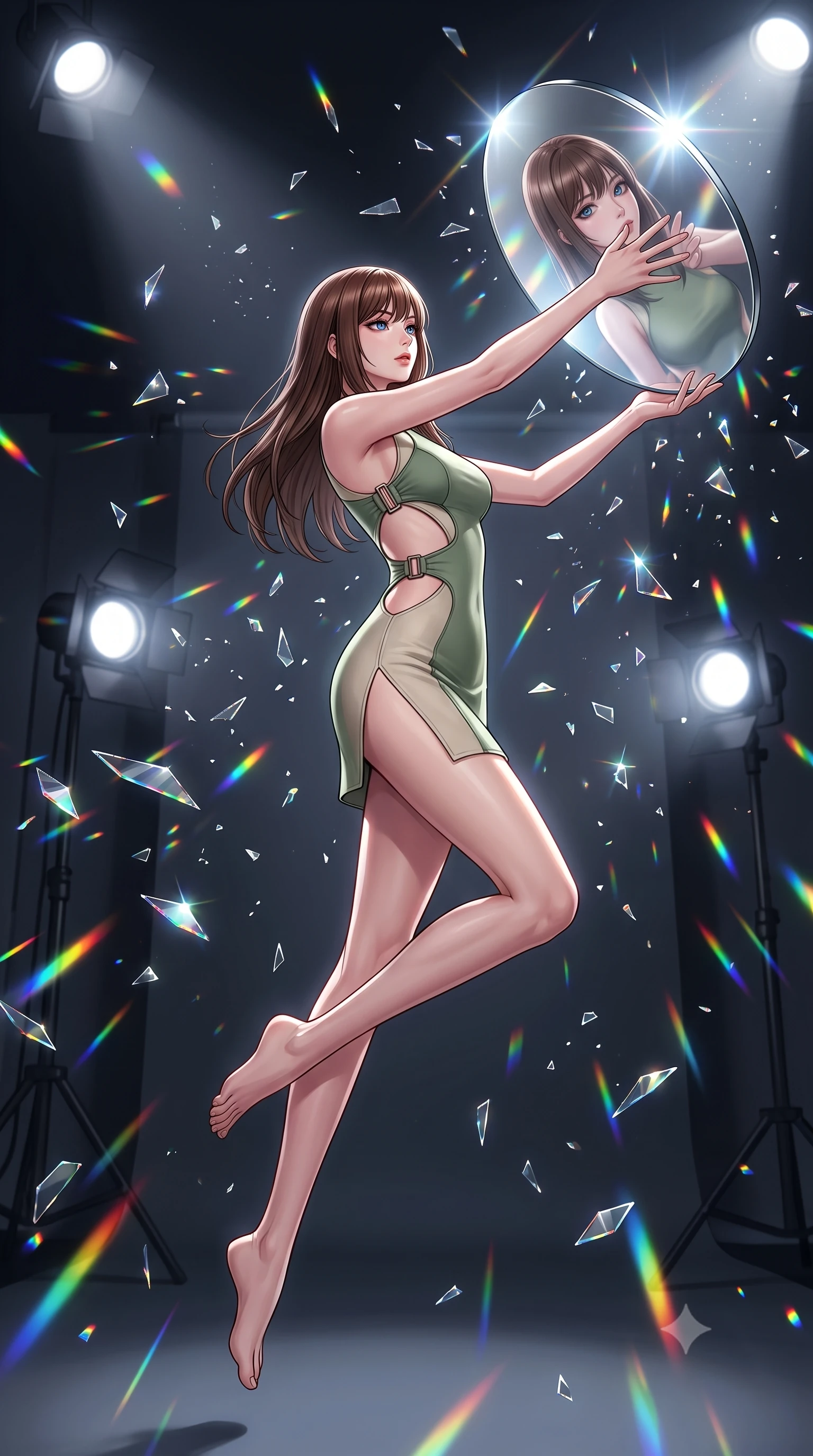 score_9, masterpiece, best quality, ultra-detailed, high-budget anime keyframe, editorial fashion photography, tasteful artistic composition, Korean woman. low angle full-body shot from head to toe showing her feet, filling the entire 9:16 vertical frame with her statuesque presence, stretching her vertical silhouette. leaping gracefully through mid-air with statuesque elegance, her impossibly long slender legs stretched in perfect balance while reaching out to touch a hovering mirror petal catching bright studio spotlights, shattered mirror shards scattering brilliant rainbow reflections everywhere. She has an absolutely perfect, statuesque 8.5-heads proportion, an exceptionally tall and slender model-like female figure with impossibly long slender legs and an ultra-slim waist. sharp v-shaped jawline, high-bridge nose, intricate jewel-like eyes with depth, thick eyelashes, glossy lips with a natural sheen, flawlessly proportioned anatomical accuracy, natural body alignment, perfectly sculpted elegant limbs, clean dynamic posture without body distortion. wearing a dramatic open-waist cutout mini dress framed by sculptural hardware in sage green and oatmeal, formed from sleek second-skin neoprene, finished with a sleek side slit ascending to mid-thigh, the glove-like fit emphasizing her statuesque silhouette during motion. illuminated by high-contrast studio spotlights with sharp specular highlights. highly saturated vibrant anime colors, detailed shading with soft gradients, rich glossy textures, high-contrast stereoscopic depth, volumetric dynamic lighting, master piece, 9:16 ratio
