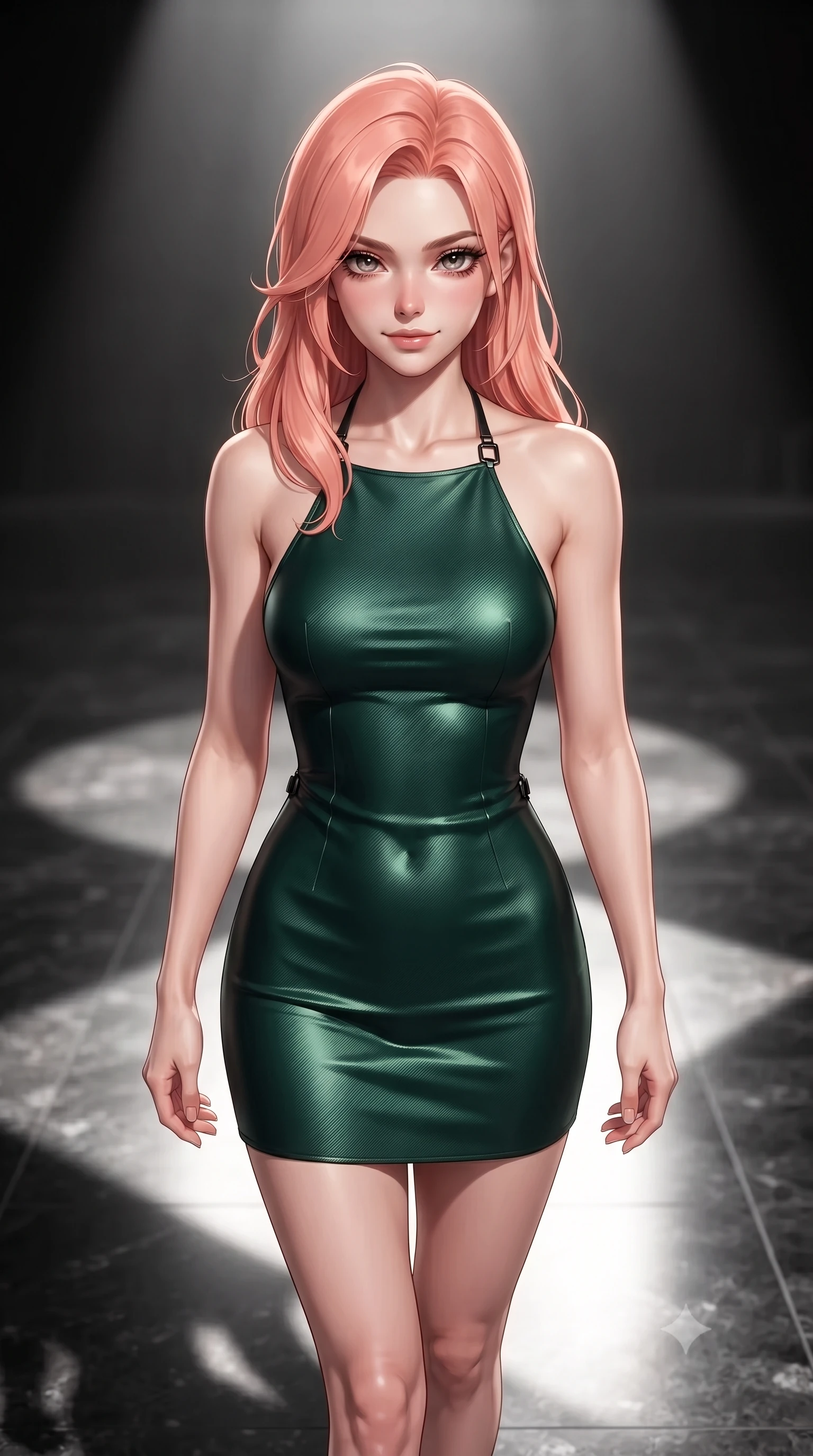 score_9, masterpiece, best quality, ultra-detailed, high-budget anime keyframe, editorial fashion photography, tasteful artistic composition, Japanese woman. close-up cowboy shot from the waist and thighs up, the character dominates the composition, filling the frame with her large presence, background elements kept in soft focus. Smiling with quiet, magnetic self-assurance directly into the camera, walking across a polished dark granite floor under single theatrical spotlights, dramatic chiaroscuro lighting projecting sharp sculptural shadows on the floor. She has an exceptionally elegant, slender, and willowy female figure with an ultra-slim waist, a gracefully sculpted slender torso, and a refined silhouette. sharp v-shaped jawline, high-bridge nose, intricate jewel-like eyes with depth, thick eyelashes, glossy lips with a natural sheen. wearing backless liquid vinyl mini slip dress with bare shoulder halter neckline in deep emerald green, made of matte carbon-fiber weave, adorned with minimalist black onyx hardware framing the silhouette, sculpting her athletic slender build with refined precision. bathed in high-contrast black-and-white chiaroscuro with sharp key rays. highly saturated vibrant anime colors, detailed shading with soft gradients, rich glossy textures, high-contrast stereoscopic depth, volumetric dynamic lighting, master piece, 9:16 ratio