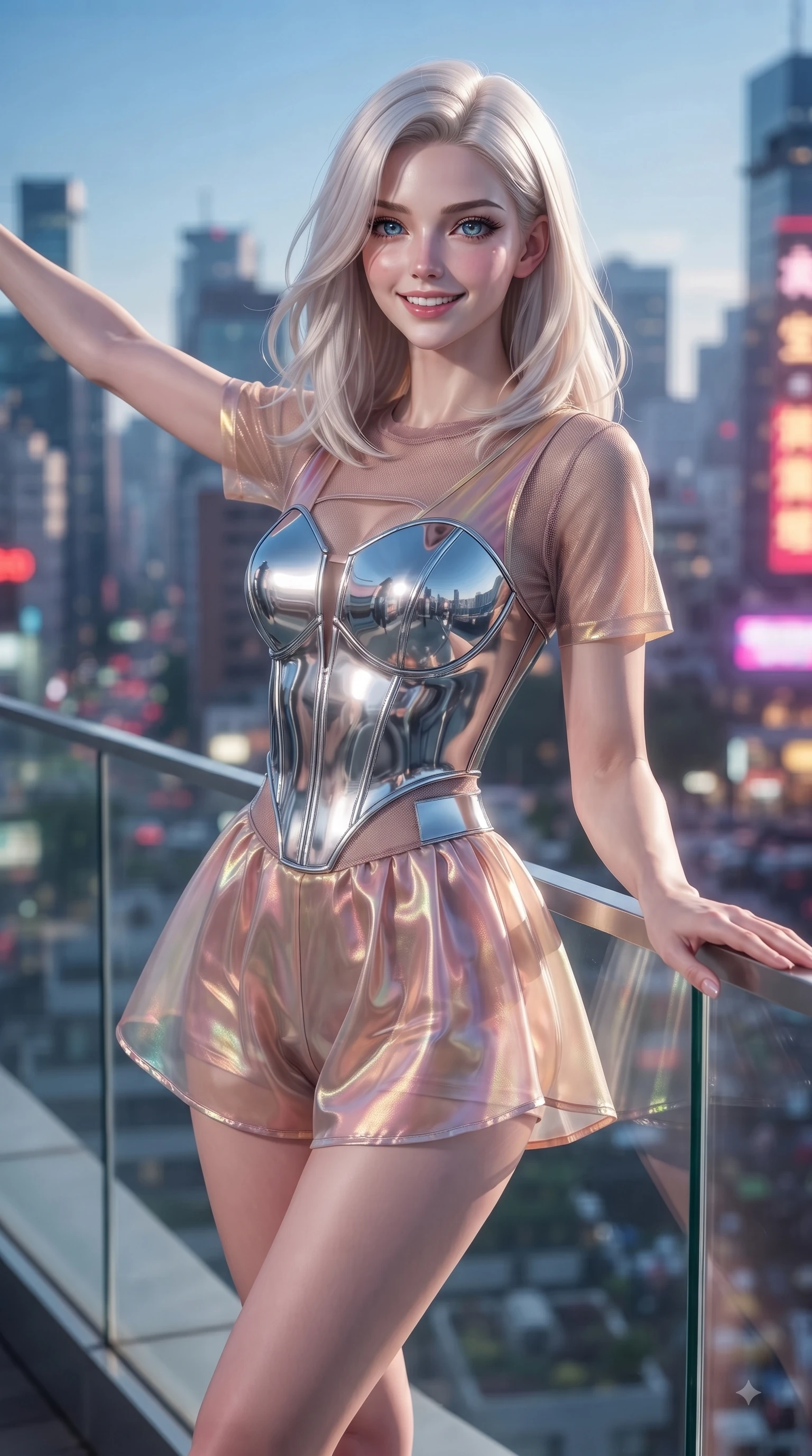 score_9, masterpiece, best quality, ultra-detailed, high-budget anime keyframe, editorial fashion photography, tasteful artistic composition, Caucasian woman. close-up cowboy shot from the waist and thighs up, the character dominates the composition, filling the frame with her large presence, background elements kept in soft focus. Fresh enchanting smile, her eyes twinkling like jewels in the bright sunlight as one arm reaches out cheerfully while reaching one hand gracefully toward a glass railing overlooking a vibrant urban skyline, cool evening breeze fluttering her chic trendy outfit into fluid motions. She has an exceptionally elegant, slender, and willowy female figure with an ultra-slim waist, a gracefully sculpted slender torso, and a refined silhouette. sharp v-shaped jawline, high-bridge nose, intricate jewel-like eyes with depth, thick eyelashes, glossy lips with a natural sheen, flawlessly proportioned anatomical accuracy, natural body alignment, perfectly sculpted elegant limbs, clean dynamic posture without body distortion. wearing a chrome-plated structured bodice worn over a sheer mesh top and micro-shorts in dusty rose and champagne gold, crafted from iridescent chiffon that shifts colors in the light, accented with a Tasteful chest slit framing her clavicle gracefully, the form-contouring material highlighting her ultra-slim waist and long lines. illuminated by vibrant neon skyline glow and clear specular rim highlights. ultra-reflective glossy finish, specular highlights, metallic sheen, high-contrast stereoscopic depth, volumetric dynamic lighting, 2k, ultra detail, master piece, 9:16 ratio