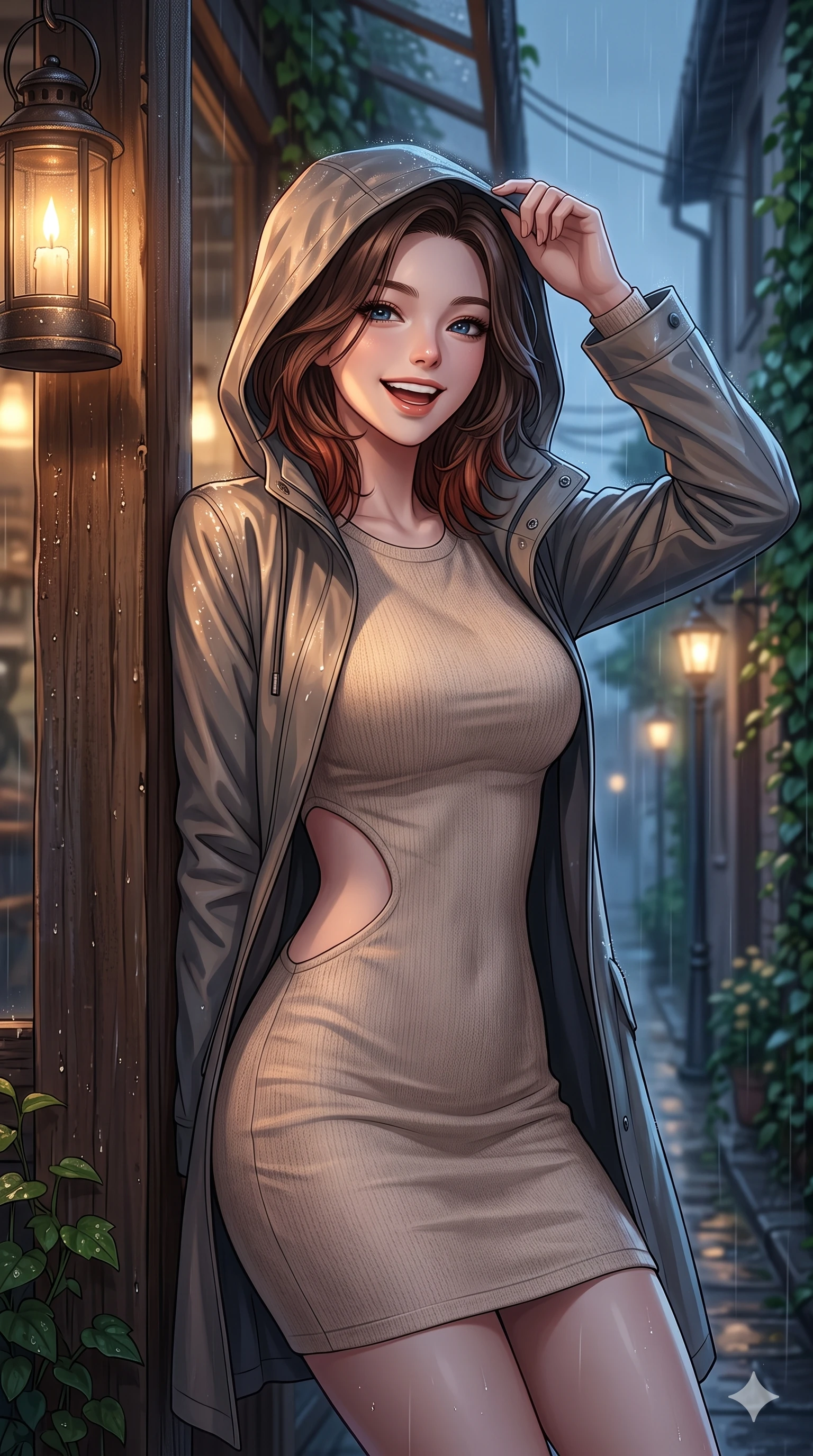 score_9, masterpiece, best quality, ultra-detailed, high-budget anime keyframe, vibrant anime aesthetic, Korean woman. close-up cowboy shot from the waist and thighs up, the character dominates the composition, filling the frame with her large presence, background elements kept in soft focus. She is adjusting her stylish raincoat hood, laughing with a radiant face, with a warm and inviting look leaning against a rustic wooden column. the background shows a soft-focus quiet alleyway entrance lined with lush green climbing vines and glowing streetlamps in the twilight rain (Code-P22-109). She has an absolutely perfect proportion, an exceptionally elegant and slender female figure with an ultra-slim waist. V-shaped jawline, high-bridge nose, intricate jewel-like eyes with depth, thick eyelashes, glossy lips with a natural sheen. wearing a bodycon knit dress with an elegant side panel cut-out in soft beige. She is illuminated by warm candlelight and soft gaslight from a cozy greenhouse cafe, tracing the elegant lines of her shoulders during the twilight rain. 2k, ultra detail, master piece, 9:16 ratio