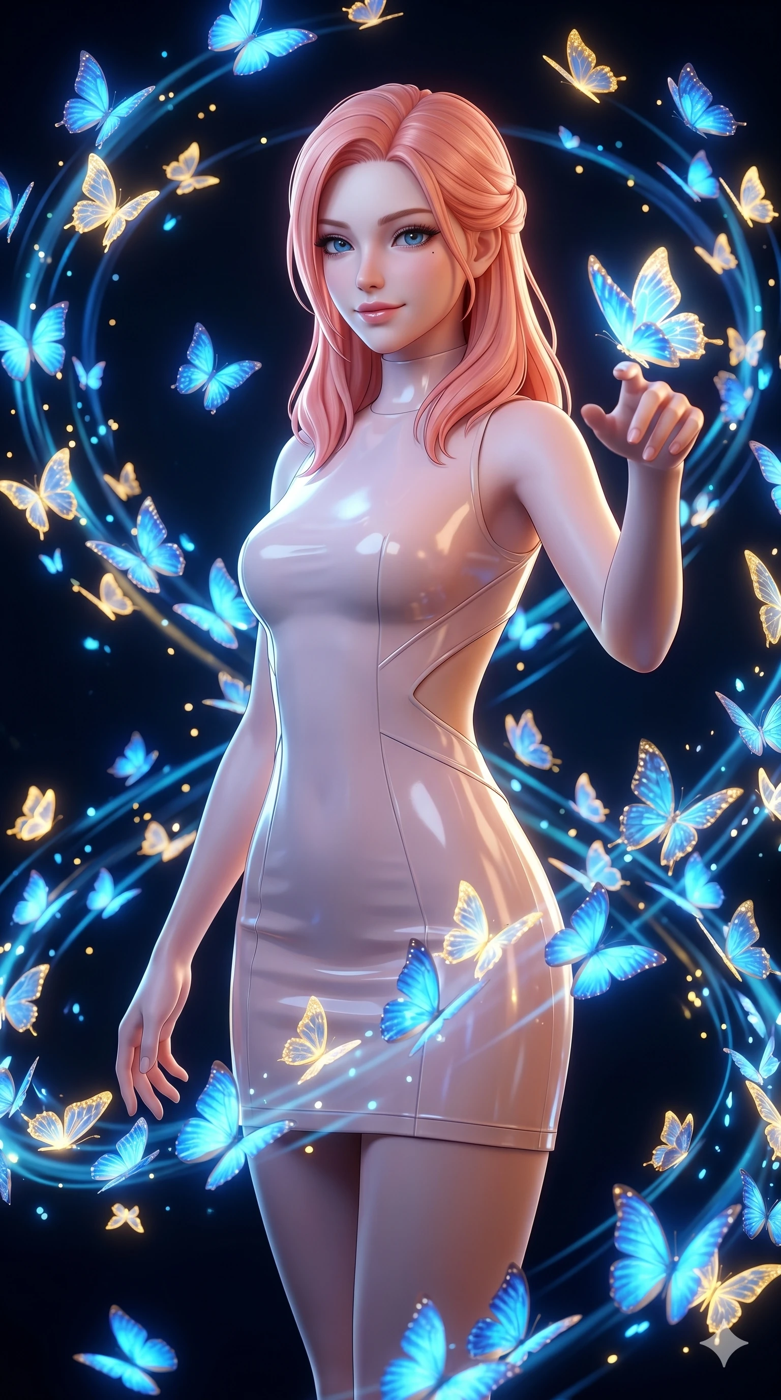 score_9, masterpiece, best quality, ultra-detailed, high-budget anime keyframe, semi-realistic 3D game render, Japanese woman. Upper body close-up from the thighs up, character filling the screen for maximum presence. She is surrounded by thousands of glowing digital butterflies that orbit her body. She reaches out to let one land on her finger, looking at it with a soft, captivating smile. She has an absolutely perfect 8-heads proportion, an exceptionally tall and slender female figure with impossibly long slender legs and an ultra-slim waist. V-shaped jawline, high-bridge nose, intricate jewel-like eyes with depth, thick eyelashes, glossy lips with a natural sheen. She is wearing a second-skin fashion-latex mini dress with a clean architectural front, featuring an open-back design that wraps around the sides of her waist, showcasing her slender silhouette. The scene is lit by brilliant blue and gold light from the butterflies and a sharp side key light. 2k, ultra detail, master piece, 9:16 ratio