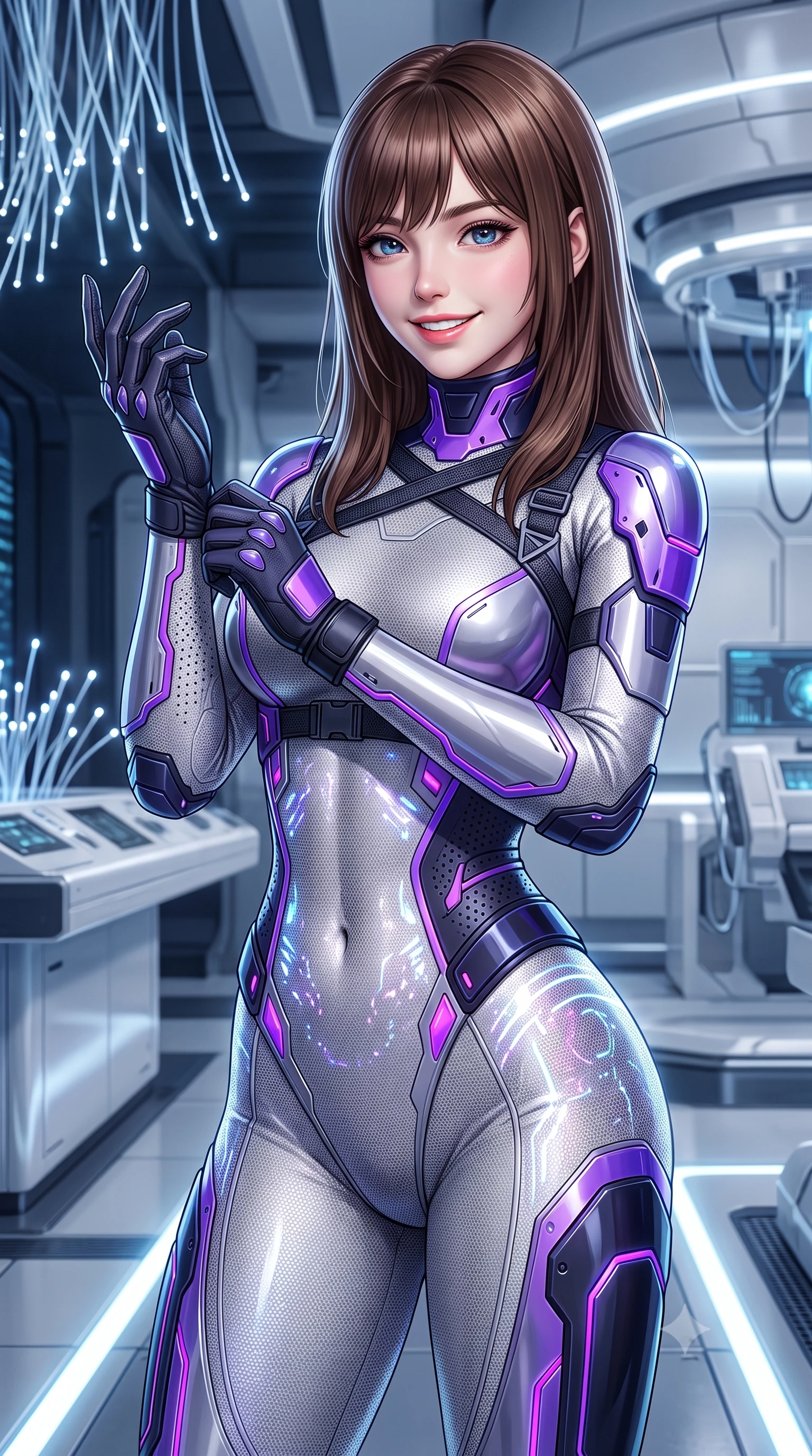 score_9, masterpiece, best quality, ultra-detailed, high-budget anime keyframe, semi-realistic 3D game render, editorial fashion photography, tasteful artistic composition, Korean woman. close-up cowboy shot from the waist and thighs up, the character dominates the composition, filling the frame with her large presence. adjusting her tactical glove with cool confidence, her bright smile capturing fresh girlhood charm while her arched torso reveals an intoxicating hip contour while twisting her slender torso in an alluring S-curve, pulsing synaptic data pulses illuminating her flat midriff and rounded feminine hips. The surrounding environment is rendered in vivid detail and crisp panoramic clarity: sharp fiber-optic light tips, brushed white composite surfaces, and neural port hardware clarity in deep focus. She has an exceptionally elegant, slender, and willowy female figure with an ultra-slim waist, flat toned midriff, narrow ribcage, and sculpted feminine hips creating an alluring, slim hourglass silhouette without bulk. sharp v-shaped jawline, high-bridge nose, intricate jewel-like sparkling eyes with depth, thick eyelashes, glossy parted lips with a natural sheen, bright confident smile with an enchanting and coquettish sensual glint, exuding both youthful magnetic charm and sovereign high-tech allure, flawlessly proportioned anatomical accuracy, strict slender model proportions, natural body alignment, perfectly sculpted long slender limbs, ultra-slim waistline, clean dynamic posture without body distortion. wearing a form-contouring delicate silver nano-mesh bodysuit with strategically placed chrome armor plate guards covering key curves in neon electric violet and deep space obsidian, made of high-grade ballistic nylon with precision laser-cut perforations, finished with criss-cross Kevlar tactical straps tracing her graceful shoulder blades, the liquid-tight tailored fabric clinging flawlessly to her narrow waist and rounded feminine hips, emphasizing every millimeter of her sculpted slim hourglass curves without any bulky heaviness. illuminated by floor light strips and sharp icy-platinum rim lights defining her sculpted collarbones, ultra-slim waist, and curvy hips. highly saturated vibrant anime colors, detailed shading with soft gradients, rich glossy textures, high-contrast stereoscopic depth, volumetric dynamic lighting, master piece, 9:16 ratio