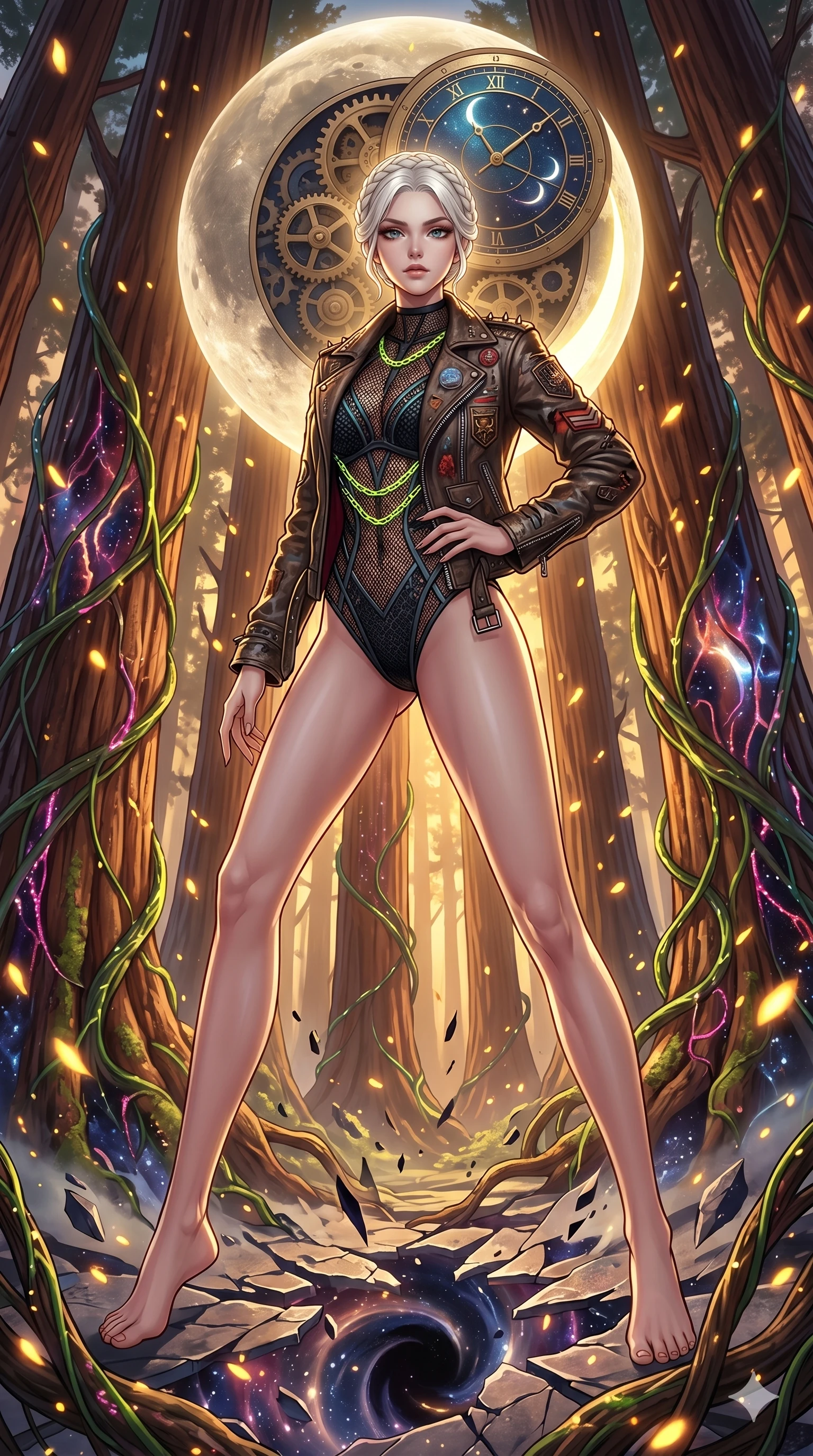 score_9, masterpiece, best quality, ultra-detailed, Set A: High-budget Anime Keyframe, Caucasian (human ears) woman. Low angle cowboy shot filling the entire 9:16 frame with her statuesque presence. Theme: Abstract Cosmic. shattering the fabric of reality in a giant redwood forest with glowing vines, with a massive clockwork moon ticking behind her as sector 154. The atmosphere is filled with golden hour with floating embers. She has an absolutely perfect 8-heads proportion, an exceptionally tall and slender female figure with impossibly long slender legs and an ultra-slim waist. Sharp v-shaped jawline, high-bridge nose, intricate jewel-like eyes with depth, glossy lips. Wearing Distressed leather wasteland-rebel jacket over a neon-chained mesh bodysuit. Cinematic lighting, vivid colors, dramatic shadows, 2k, ultra detail, master piece, 9:16 ratio