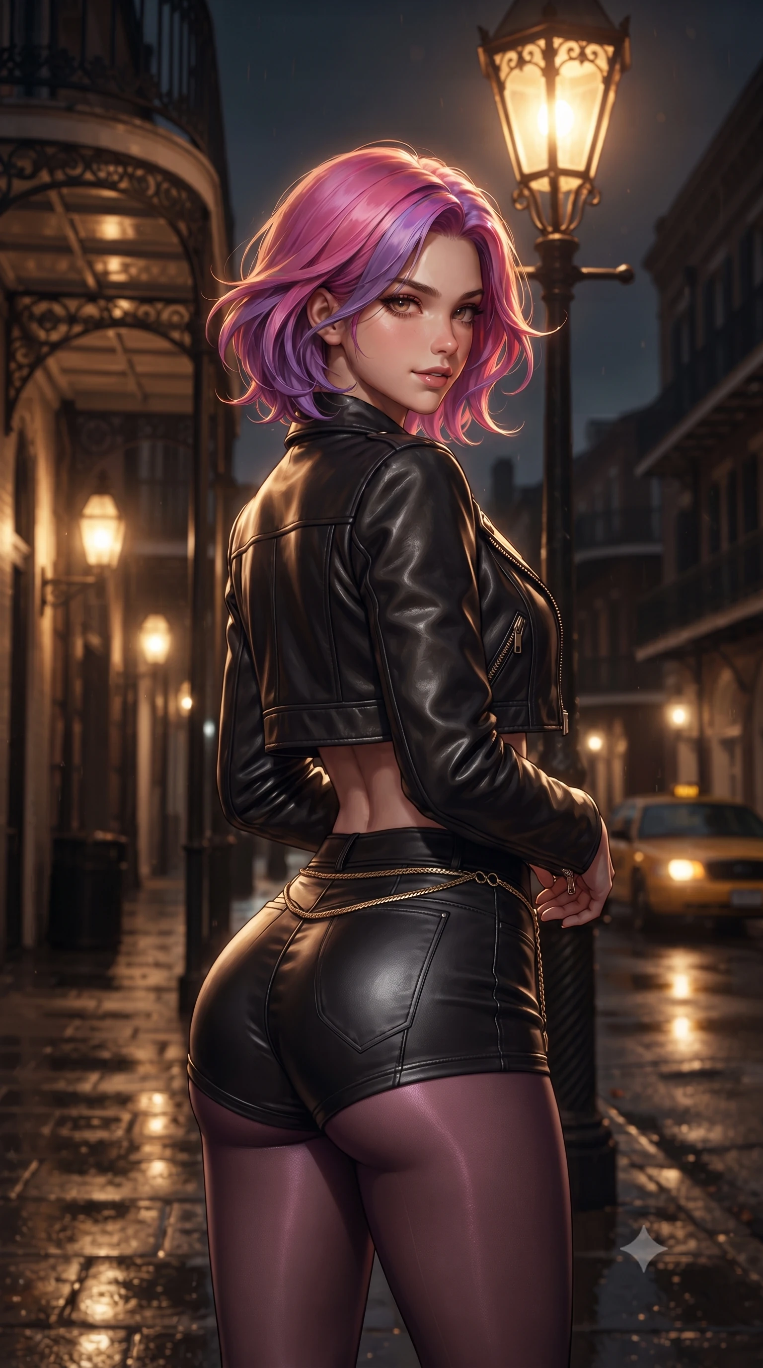 score_9, masterpiece, best quality, ultra-detailed, high-budget anime keyframe, editorial fashion photography, tasteful artistic composition, Caucasian woman. close-up cowboy shot from the waist and thighs up, the character dominates the composition, filling the frame with her large presence. turning slowly with a smoldering smile, her glossy dark hair catching the amber chandelier rim light as her hips angle gracefully in a captivating contrapposto while pausing beneath the warm glow of an ornate wrought-iron gaslamp with hips cocked back, looking over her shoulder with an intoxicating, smoldering gaze. The composition keeps background elements in soft focus with dreamy creamy bokeh. historic cast-iron awnings, glowing boutique gaslamps, and distant yellow taxi headlights blurred into moody amber, bronze, and charcoal bokeh. She has an exceptionally elegant, slender, and willowy female figure with an ultra-slim waist, flat toned midriff, narrow ribcage, and sculpted feminine hips creating an alluring, slim hourglass silhouette without bulk. sharp v-shaped jawline, high-bridge nose, intricate jewel-like dark sparkling eyes with dangerous depth, thick curled eyelashes, glossy parted lips with a rich wine sheen, smoldering seductive half-smile with bedroom-eyes, exuding effortless superiority and intoxicating dark allure, flawlessly proportioned anatomical accuracy, strict slender model proportions, natural body alignment, perfectly sculpted long slender limbs, ultra-slim waistline, clean dynamic posture without body distortion. wearing a chic cropped lambskin leather bolero jacket paired with high-waisted leather micro-shorts and sheer black hosiery in rich plum violet and deep onyx black, made of liquid-tight stretch jersey emphasizing every curve of her body, finished with a delicate gold snake chain belt resting loosely across her curvy hips, the glove-like silhouette tightly following the natural contour of her hips and long slender legs with youthful 8.5-heads elegance. illuminated by wet pavement mirror reflections and sharp golden street rim lights sharply carving her slim torso, narrow waist, and curvy hips. ultra-reflective glossy finish, specular highlights, rich textural contrasts, high-contrast stereoscopic depth, volumetric dynamic lighting, 2k, ultra detail, master piece, 9:16 ratio