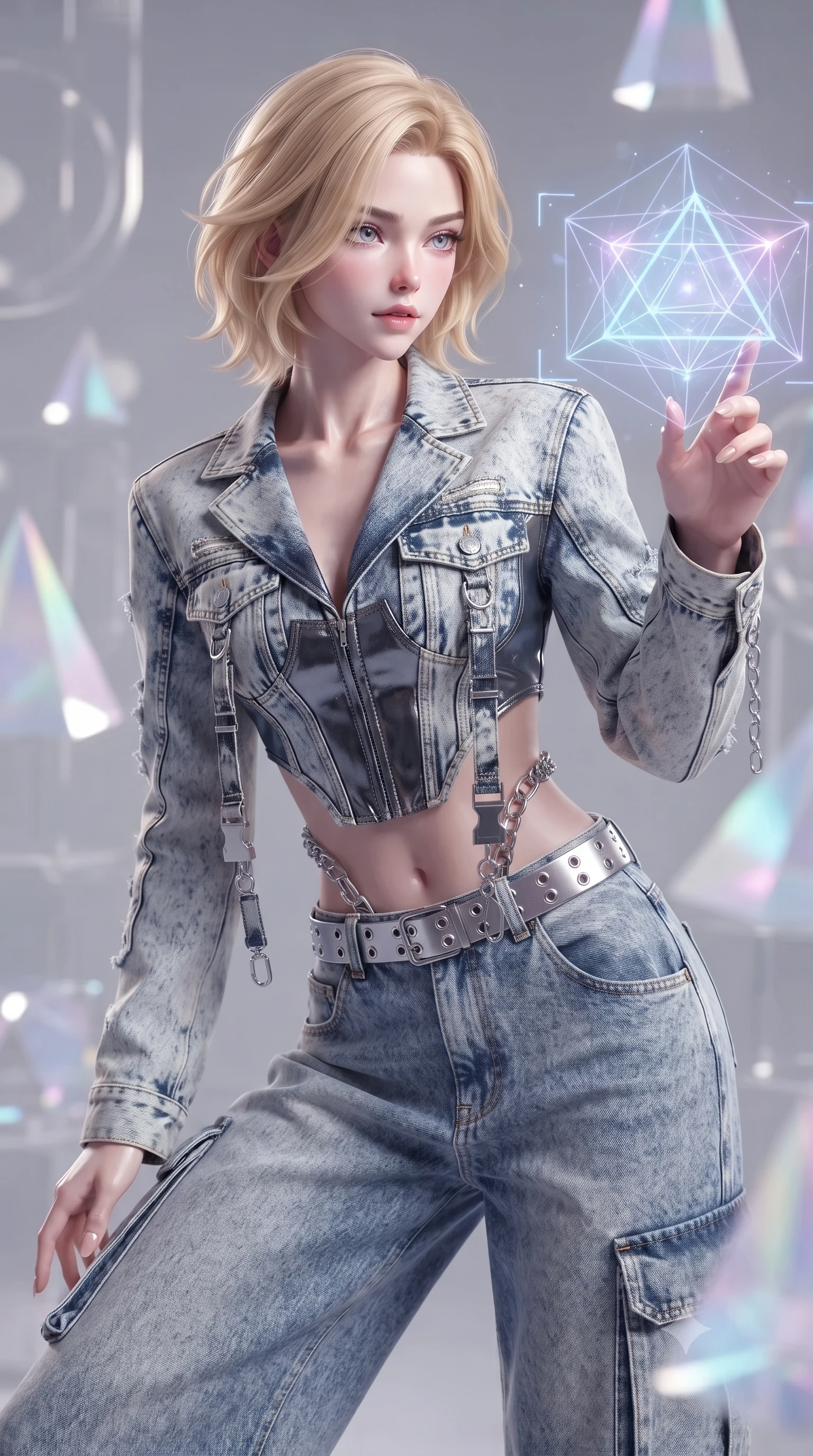 score_9, masterpiece, best quality, ultra-detailed, high-budget anime keyframe, editorial fashion photography, tasteful artistic composition, Caucasian woman. close-up cowboy shot from the waist and thighs up, the character dominates the composition, filling the frame with her large presence. leaning forward with playful, captivating grace, her sculpted collarbones and slender neckline highlighted by directional light while reaching out one manicured hand to interact with a floating holographic geometry display with an intrigued expression. The composition keeps background elements in soft focus with creamy bokeh. translucent acrylic art installations and geometric light prisms softened in dreamy shallow focus. She has an exceptionally elegant, slender, and willowy female figure with an ultra-slim waist, a gracefully sculpted slender torso, toned flat midriff, and a refined slim silhouette. sharp v-shaped jawline, high-bridge nose, intricate jewel-like eyes with depth, thick eyelashes, glossy lips with a natural sheen, captivating and magnetic expression, flawlessly proportioned anatomical accuracy, strict slender model proportions, natural body alignment, perfectly sculpted long slender limbs, ultra-slim waistline, clean dynamic posture without body distortion. wearing a deconstructed denim corseted crop jacket paired with high-waisted wide-leg utility jeans and a silver grommet belt in acid-wash light denim and dark chrome, tailored from distressed structured cotton denim with metallic thread, accented with hanging industrial clip straps and chrome chain links edition #28, the precision-cut daring openings accentuating her delicate midriff, graceful bare collarbones, and ultra-slim feminine waistline. surrounded by a cutting-edge, avant-garde, and mesmerizingly stylish future-fashion muse aura. ultra-reflective glossy finish, specular highlights, rich textural contrasts, high-contrast stereoscopic depth, volumetric dynamic lighting, 2k, ultra detail, master piece, 9:16 ratio