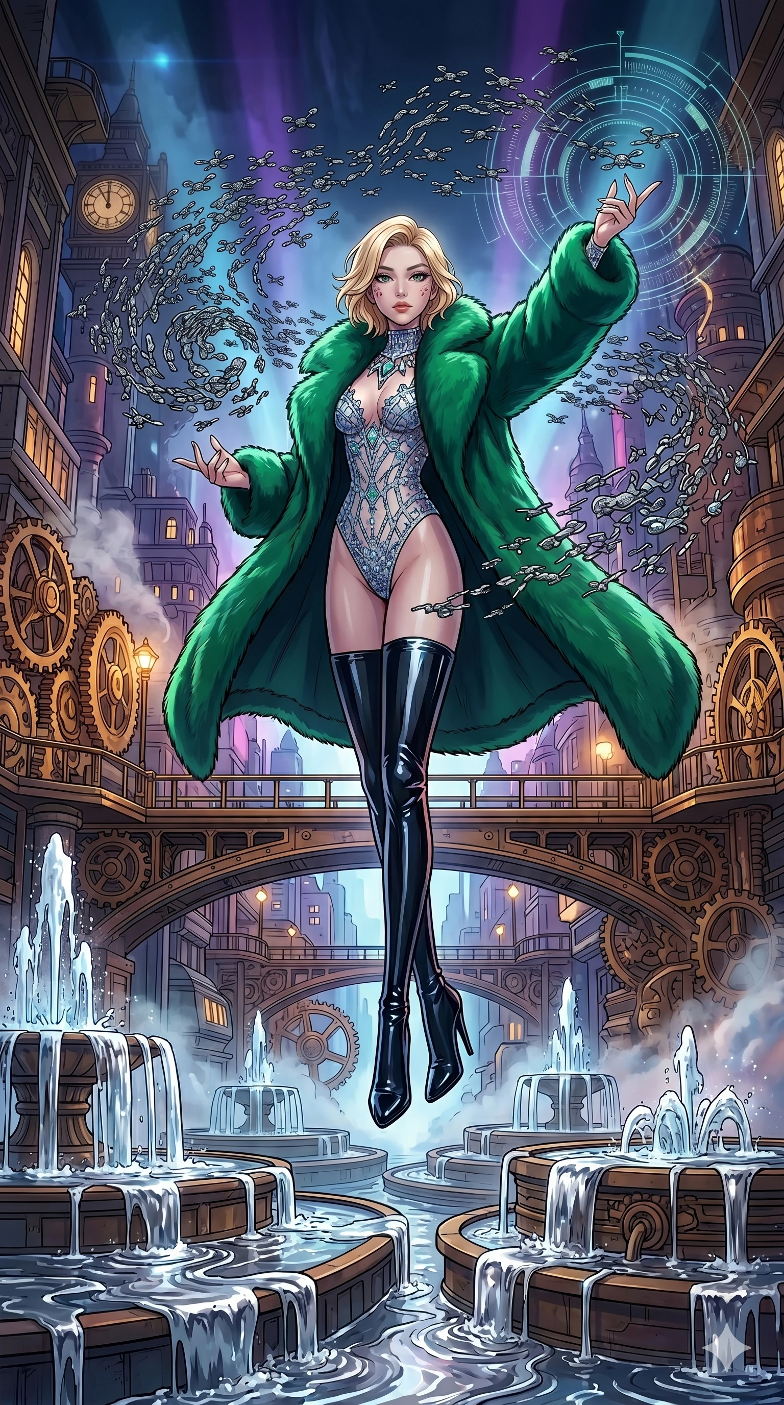 score_9, masterpiece, best quality, ultra-detailed, high-budget anime movie keyframe, cinematic anime lighting, intricate line art, Korean woman. Dynamic full-body shot stretching the vertical silhouette across the 9:16 frame. commanding a drone swarm in a clockwork heart of a city with liquid mercury fountains. She has an absolutely perfect 8-heads proportion, an exceptionally tall and slender female figure with an ultra-slim waist and impossibly long slender legs. sharp v-shaped jawline, high-bridge nose, intricate jewel-like eyes, thick eyelashes, glossy lips. Wearing seasonal winter-couture featuring a plush oversized faux-fur coat worn over a skin-tight crystalline leotard and thigh-high stiletto boots. The scene is illuminated by dramatic atmospheric lighting and vibrant color palettes. , 2k, ultra detail, master piece, 9:16 ratio
