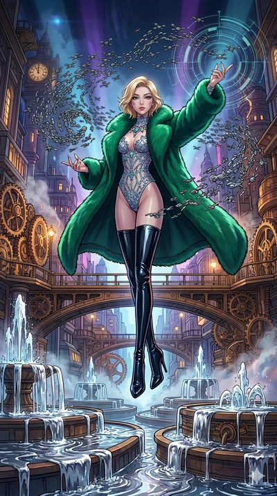 score_9, masterpiece, best quality, ultra-detailed, high-budget anime movie keyframe, cinematic anime lighting, intricate line art, Korean woman. Dynamic full-body shot stretching the vertical silhouette across the 9:16 frame. commanding a drone swar