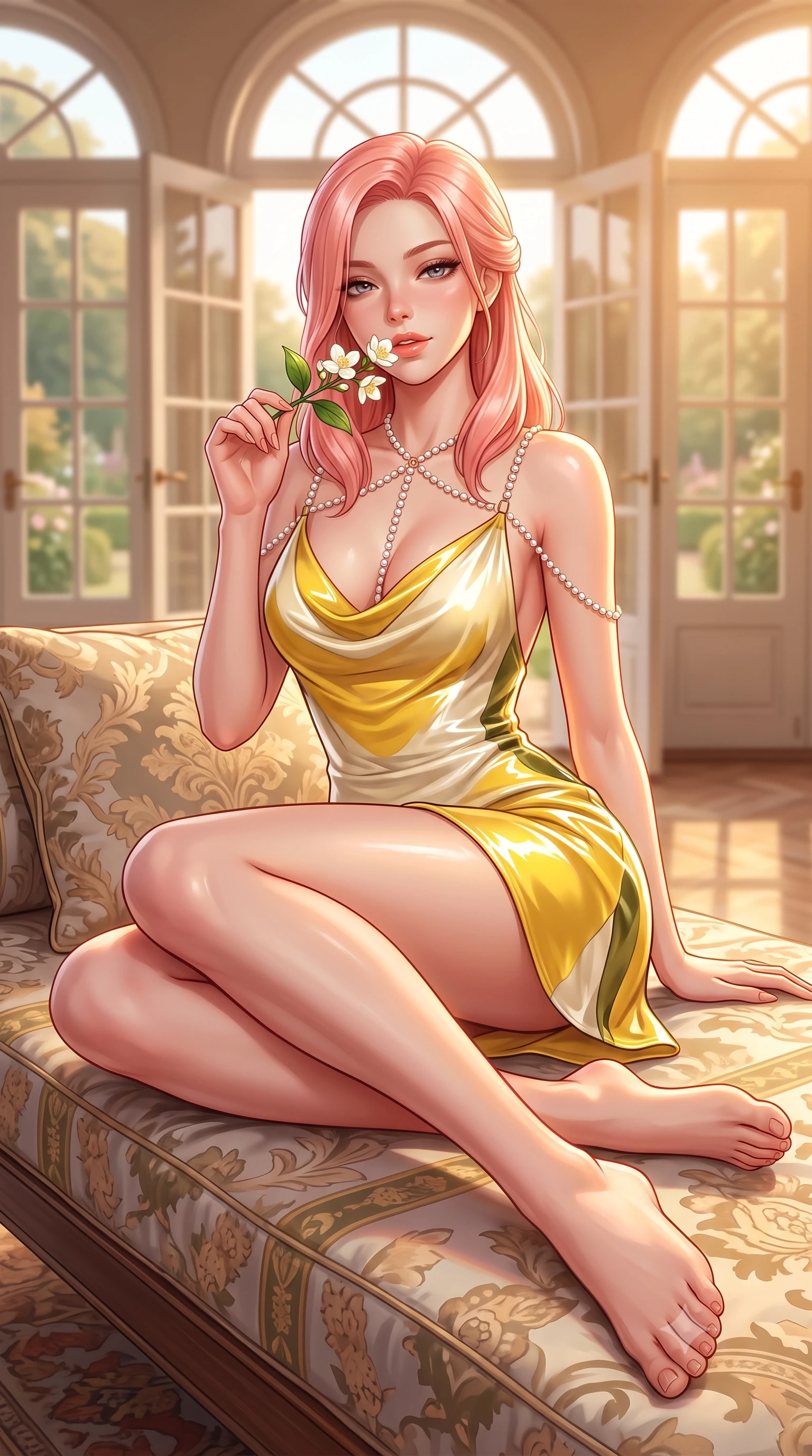 score_9, masterpiece, best quality, ultra-detailed, high-budget anime keyframe, semi-realistic 3D game render, editorial fashion photography, tasteful artistic composition, Japanese woman. low angle full-body shot from head to toe showing her feet, filling the entire 9:16 vertical frame with her statuesque presence, stretching her vertical silhouette. lounging on the lavish daybed with legs crossed and hips angled toward the camera, displaying her toned midriff and long slender limbs with effortless siren poise while sitting perched on the rustic wooden potting bench with legs extended, holding a blooming jasmine sprig near her glossy parted lips. The background shows a soft-focus arched glass french doors softened in idyllic historic garden shallow focus. She has an absolutely perfect, statuesque 8.5-heads proportion, an exceptionally tall and slender model-like female figure with impossibly long slender legs, an ultra-slim waist, a flat toned midriff, narrow delicate ribcage, and beautifully sculpted feminine hips creating a graceful, slim hourglass silhouette without any bulky heaviness. sharp v-shaped jawline, high-bridge nose, sparkling eyes with hypnotic seductive depth, thick curled eyelashes, glossy parted lips with a natural dewy peach sheen, alluring bedroom-eyes with an enchanting coquettish smile, exuding magnetic siren charisma and sophisticated glamour, flawlessly proportioned anatomical accuracy, strict slender model proportions, natural body alignment, perfectly sculpted long slender limbs, ultra-slim waistline, clean dynamic posture without body distortion. wearing a low-cut draped cowl-back satin slip mini dress with dainty pearl spaghetti straps and hip-hugging cut in sunlit daisy yellow and gardenia cream with olive accents, crafted from wet-look high-gloss vinyl fabric with dazzling specular surface reflections, finished with a pearl-drop body harness subtly framing her dewy collarbones and spine, the form-contouring silhouette accentuating her sculpted flat midriff, narrow delicate ribcage, and gracefully curvy hips with intoxicating allure. bathed in warm golden late afternoon sunlight flooding through southern-facing glass doors. highly saturated vibrant anime colors, detailed shading with soft gradients, rich glossy textures, high-contrast stereoscopic depth, volumetric dynamic lighting, master piece, 9:16 ratio