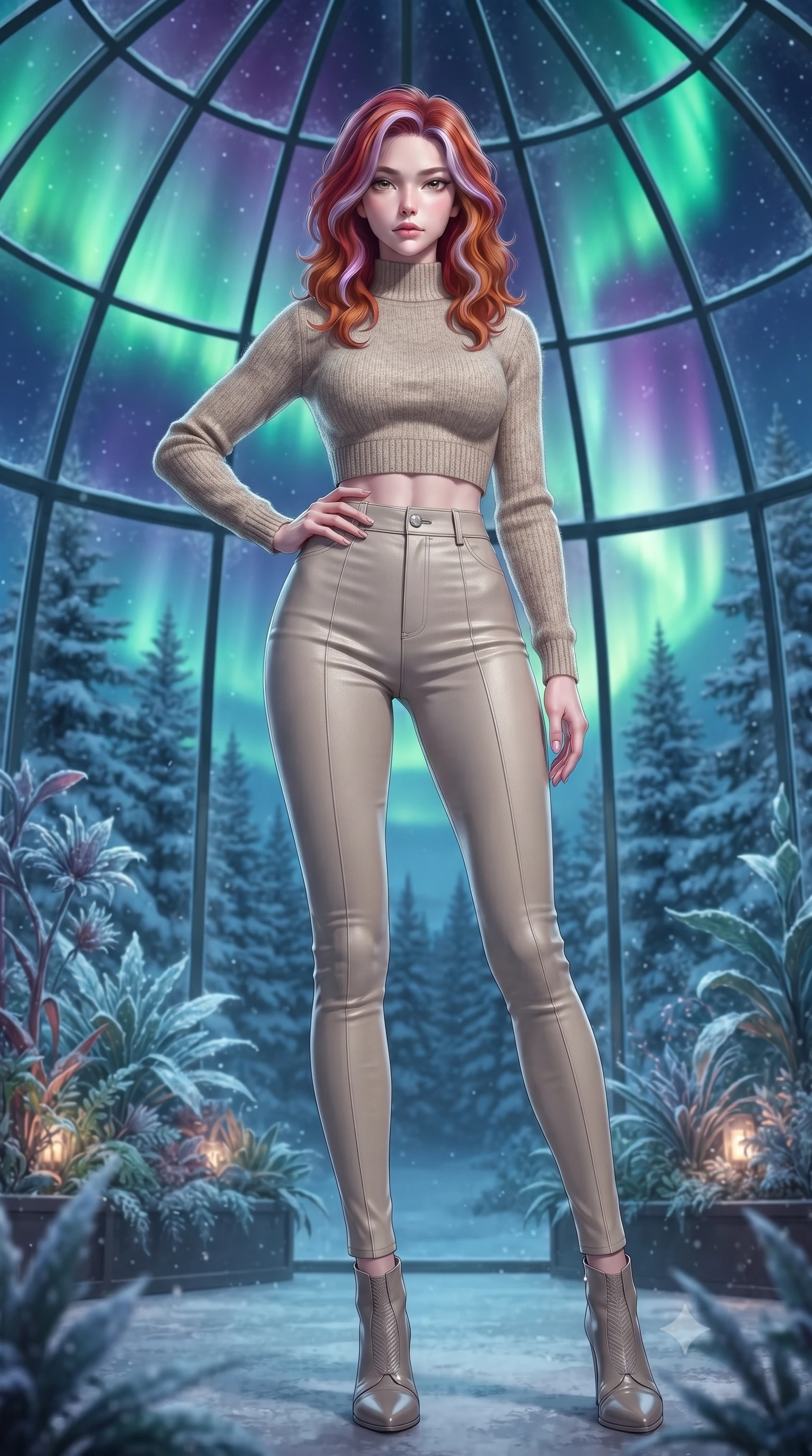 score_9, masterpiece, best quality, ultra-detailed, high-budget anime keyframe, editorial fashion photography, tasteful artistic composition, Caucasian woman. low angle full-body shot from head to toe showing her feet, filling the entire 9:16 vertical frame with her statuesque presence, stretching her vertical silhouette. posing confidently with one hand on her hip, stretching her statuesque body to emphasize her curves the background shows a soft-focus a glass dome botanical garden facing snowy pine woods during aurora borealis. She has an absolutely perfect, statuesque 8.5-heads proportion, an exceptionally tall and slender model-like female figure with impossibly long slender legs and an ultra-slim waist. sharp v-shaped jawline, high-bridge nose, intricate jewel-like eyes with depth, thick eyelashes, glossy lips with a natural sheen. wearing a body-hugging tight-fitting crop sweater in oatmeal wool, paired with high-waisted form-fitting pants. soft green and violet aurora polaris curtains wrapping the dome in a celestial glow. ultra-reflective glossy finish, specular highlights, metallic sheen, high-contrast stereoscopic depth, volumetric dynamic lighting, 2k, ultra detail, master piece, 9:16 ratio